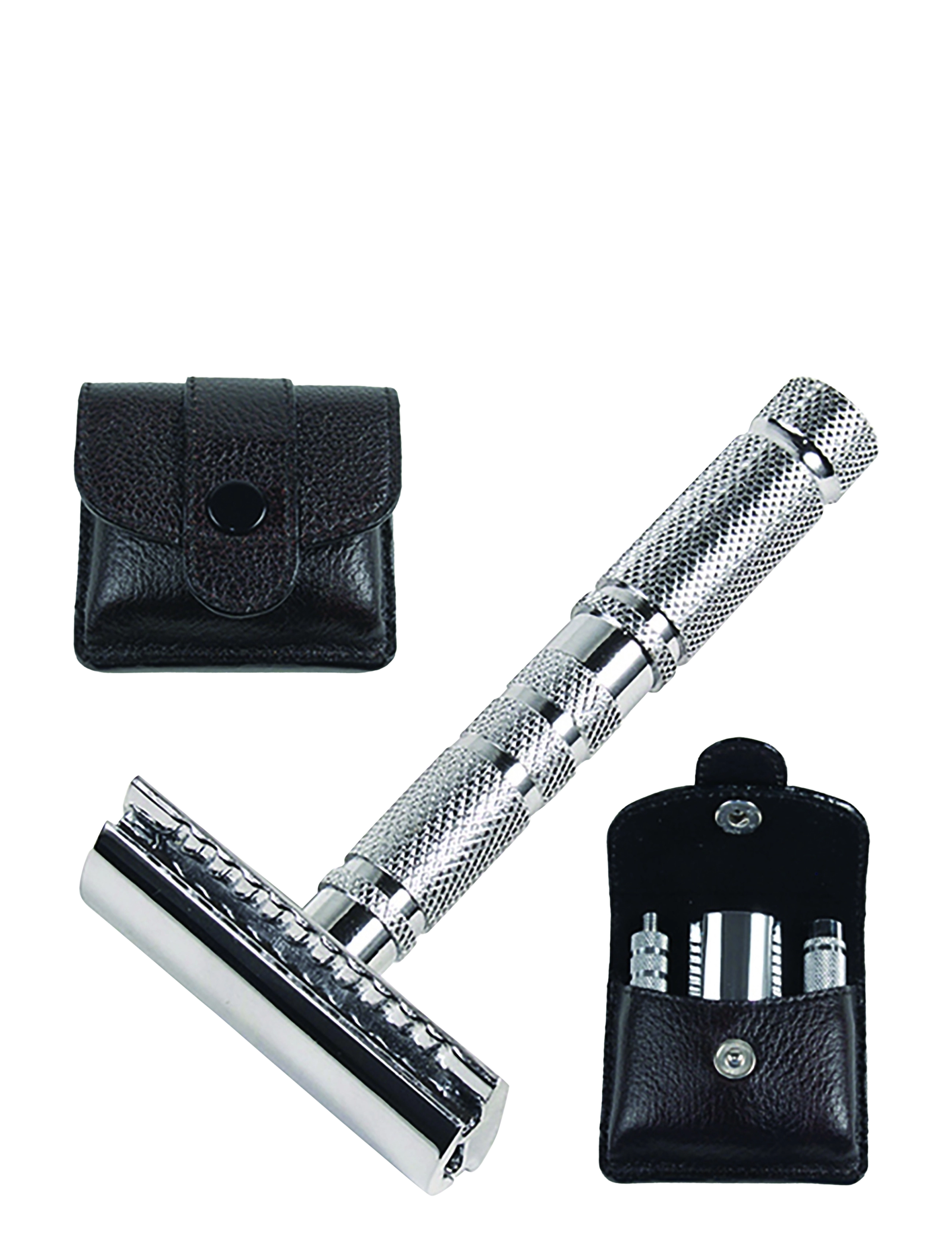Parker A1R 4 Piece Travel Razor With Leather Case, Travel Size, Sølv, Str: ONE SIZE