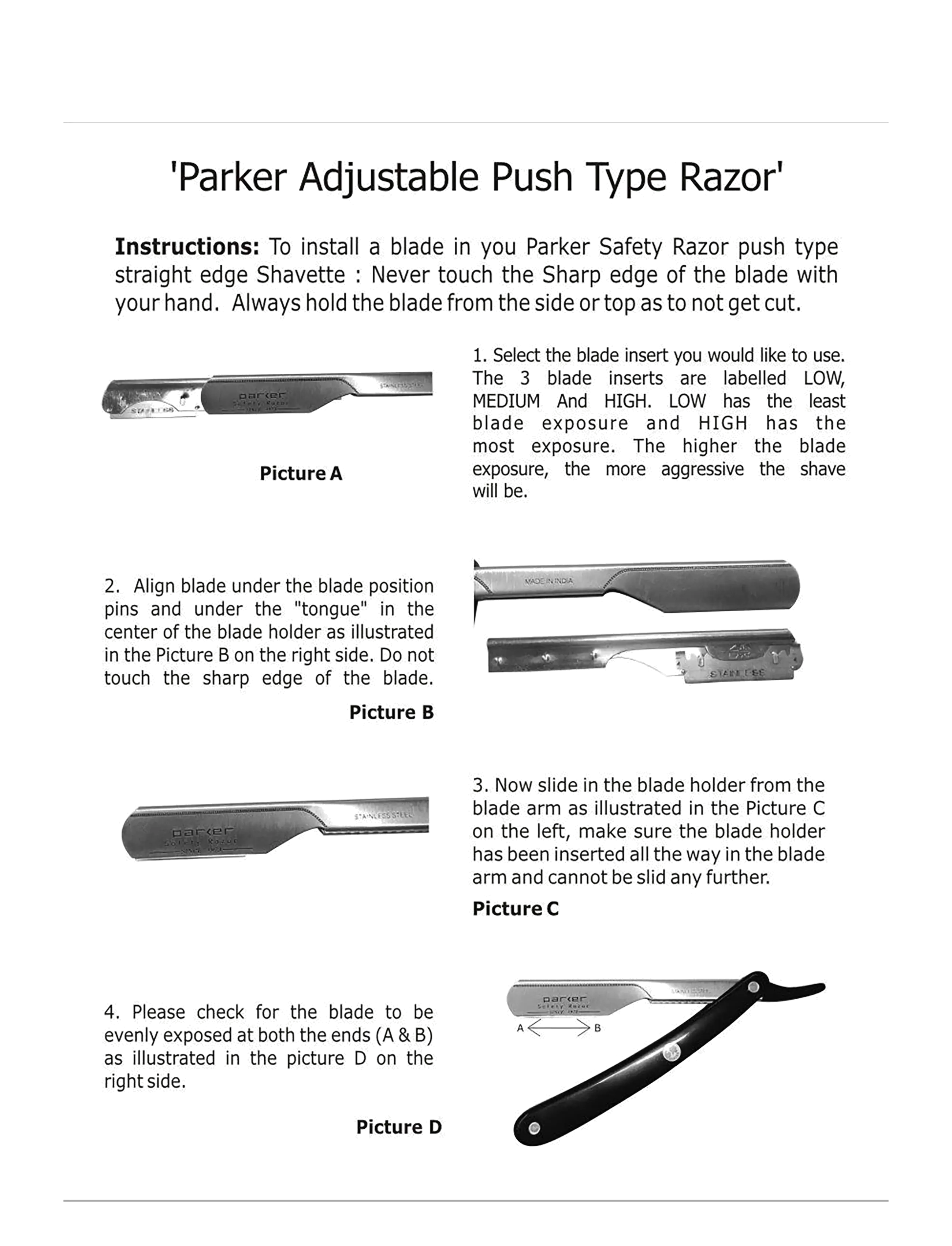 Parker - PTABK Adjustable Push w. 3 blade option Metal Black Barber/Straight Razor - barberskrabere - black - 5