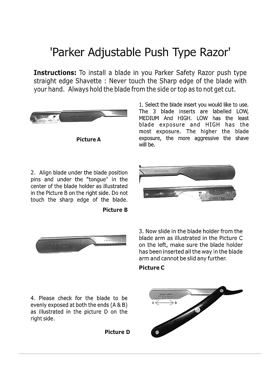Parker - PTABK Adjustable Push w. 3 blade option Metal Black Barber/Straight Razor - pardlid - black - 5
