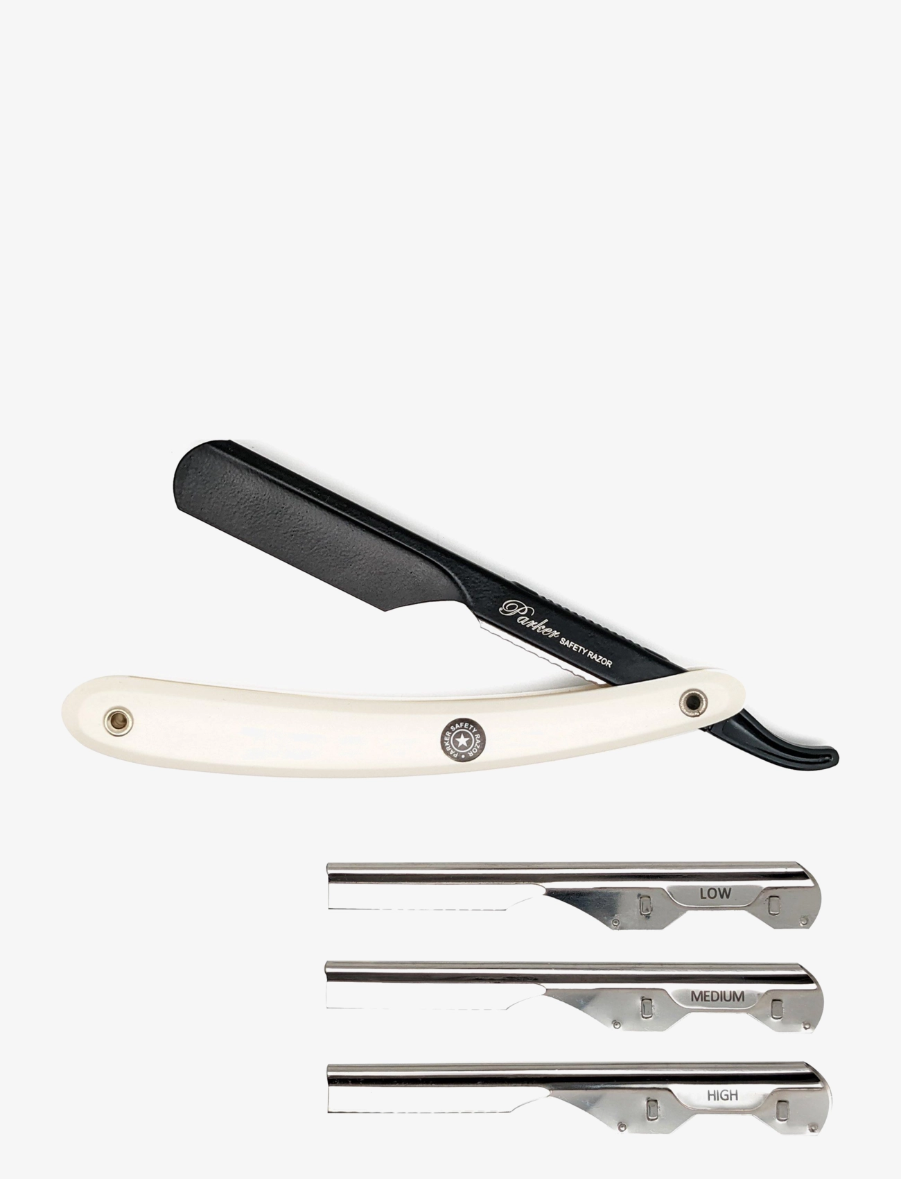 Parker Ptawk Adjustable Push With 3 Blade Option White Handle Barber/Straight Razor, Razors, Sølv, Str: ONE SIZE