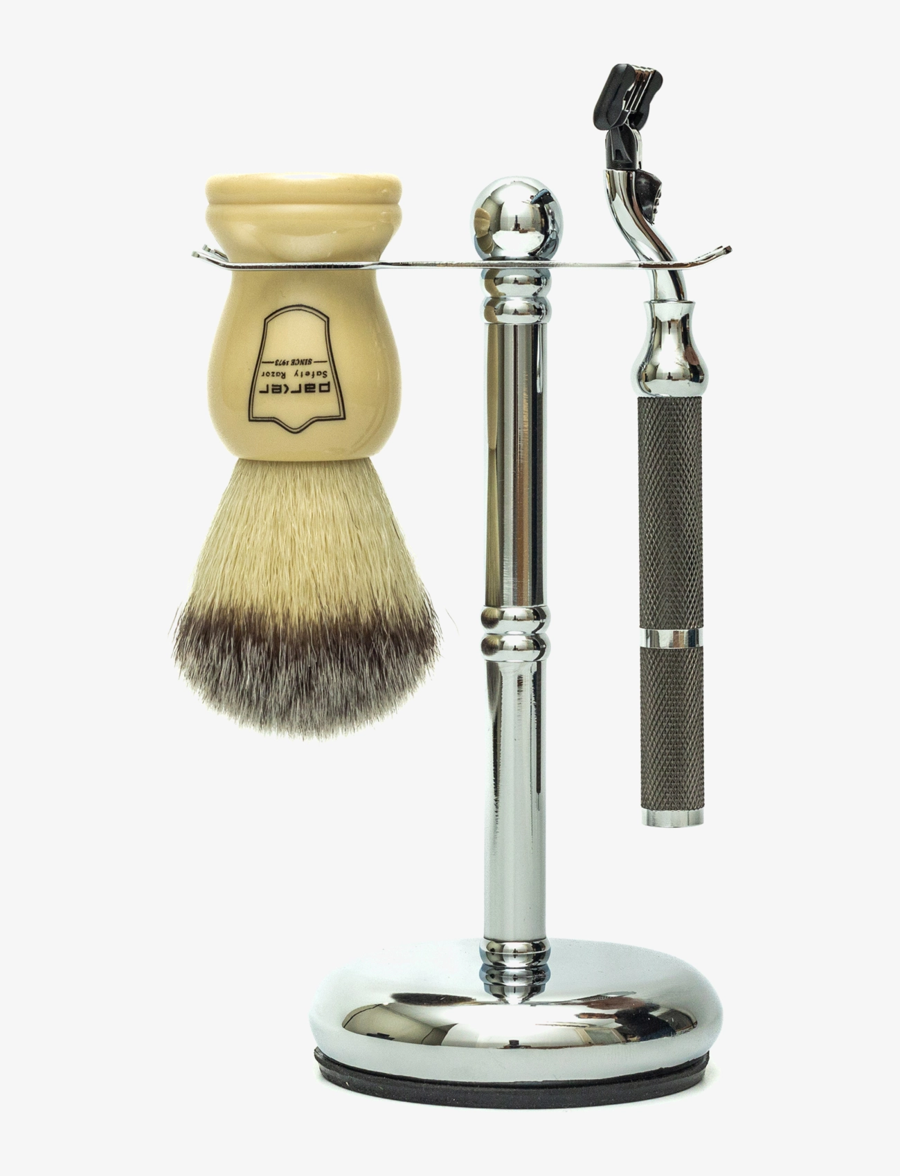 Parker 3 Piece Ivory Brush-42M (Mach3)-Chrome Stand, One Size, Multi/patterned, Barberingsprodukter > Barberknive, Herre