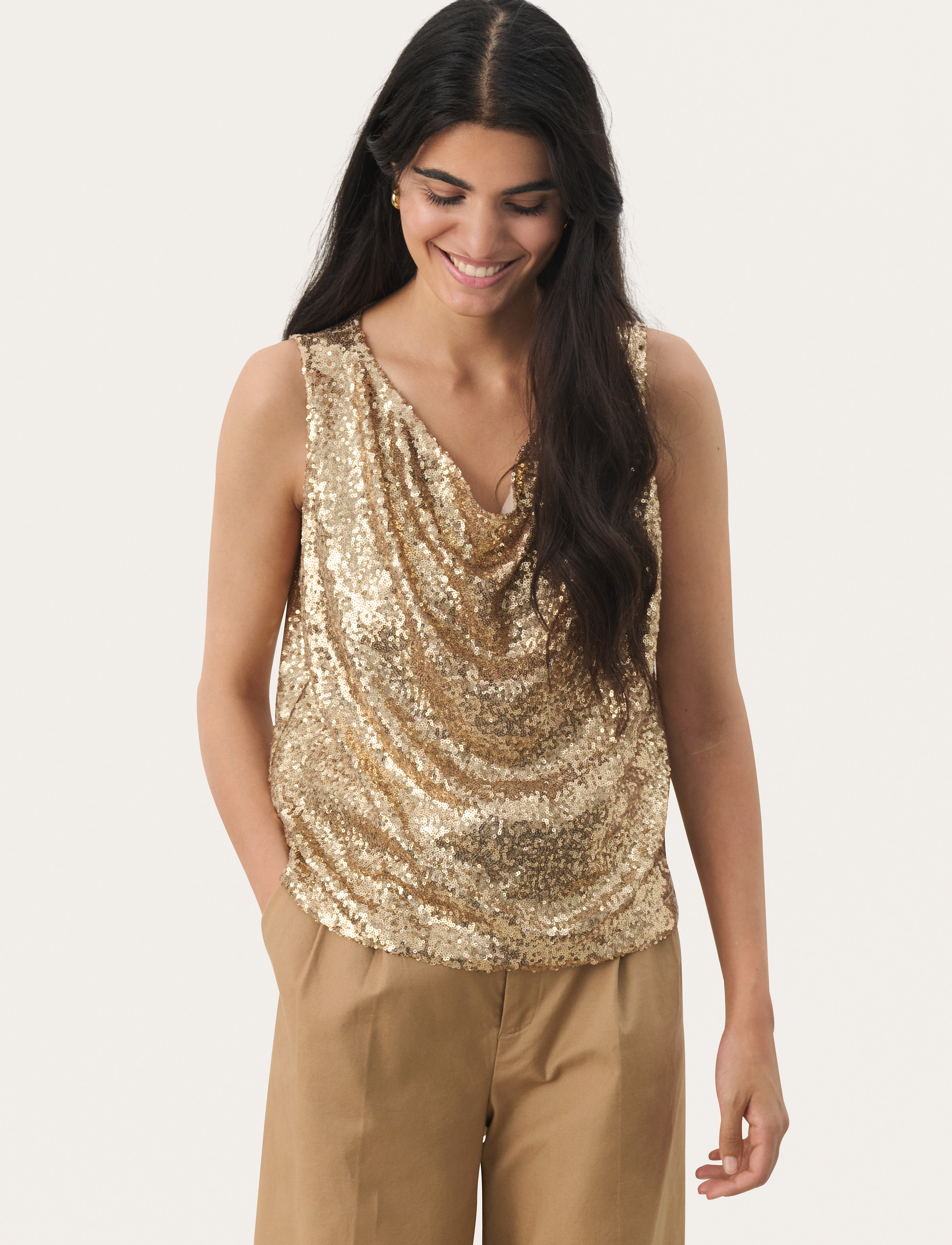 Part Two Malikkapw To, Kvinder, Paillet Cowl Neck Top, Guld, Str: M