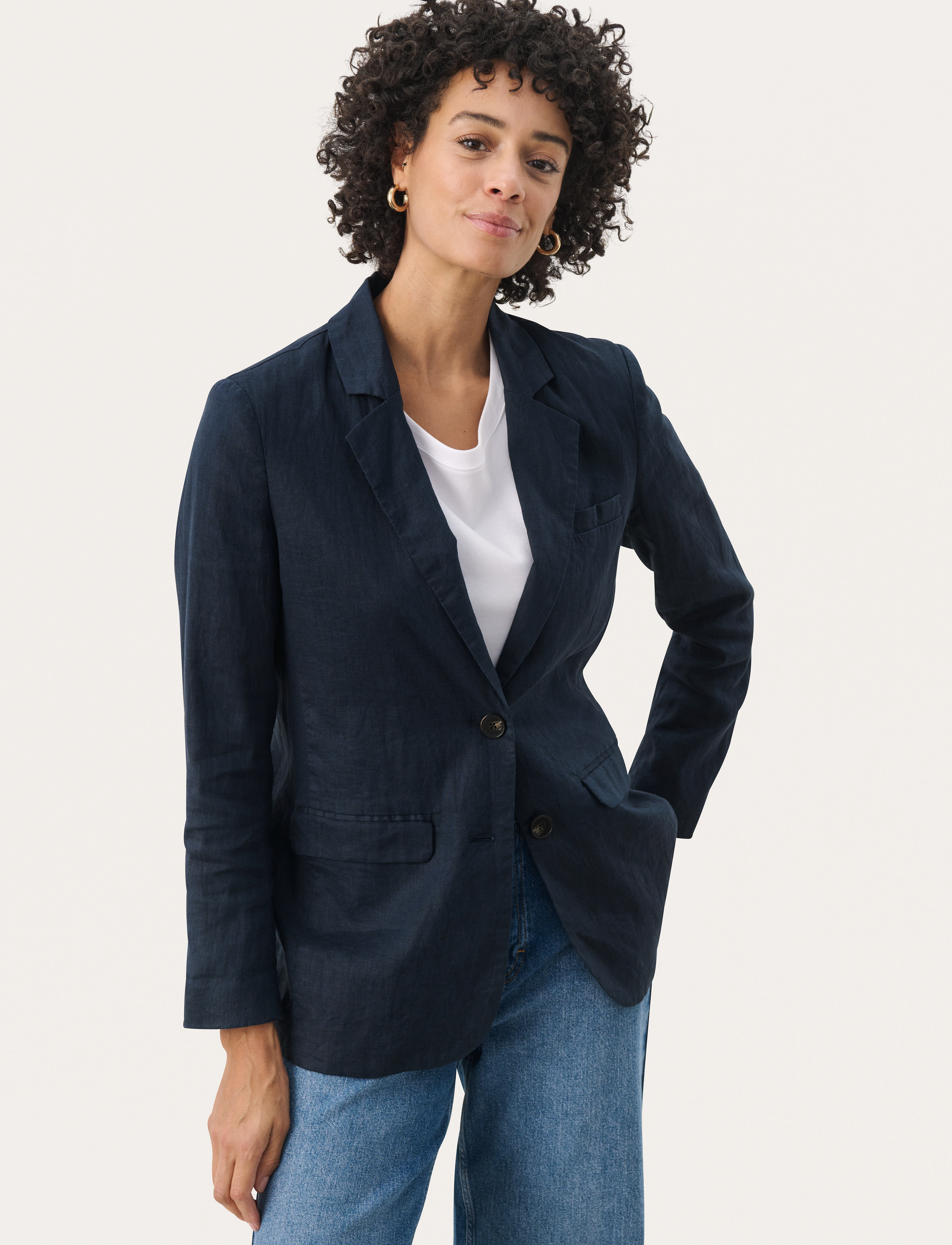 Part Two Nyanpw Blazer, Kvinder, Hør Blazer, Navy, Str: 34