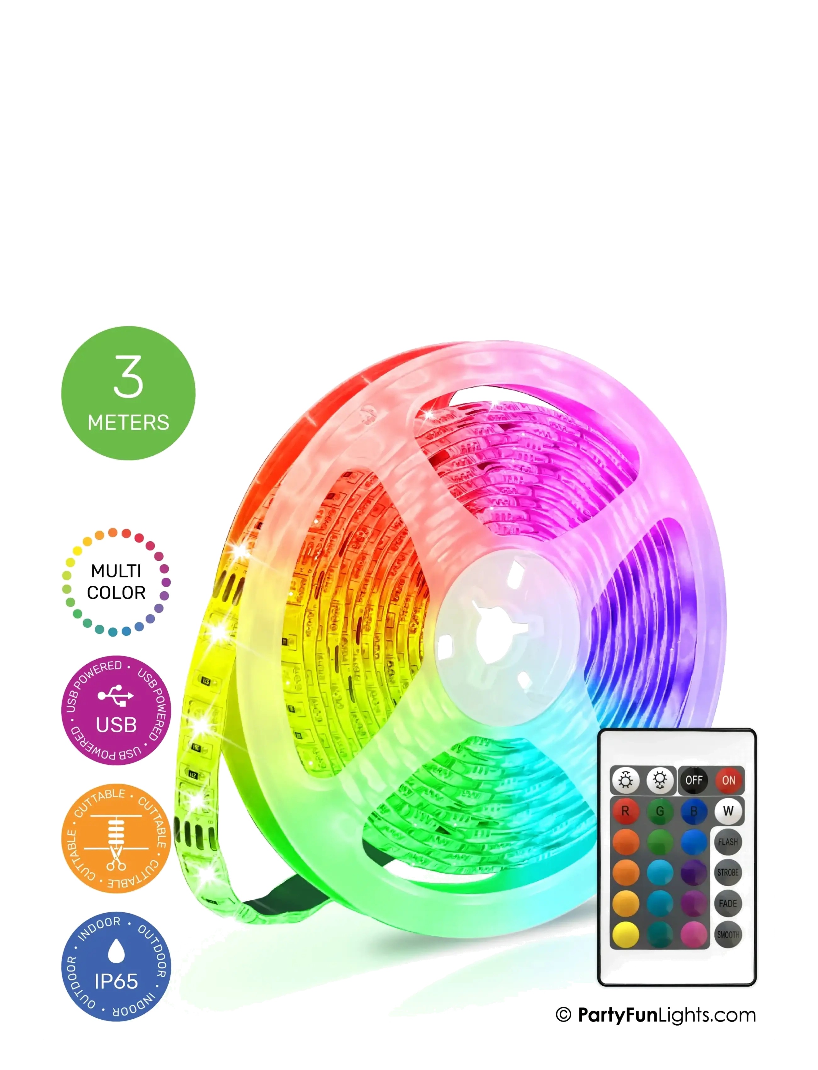 Party Fun Lights Usb Led Light Strip 3M Including Remote Control, Lyskæde, Multi/mønstret, Str: ONE SIZE