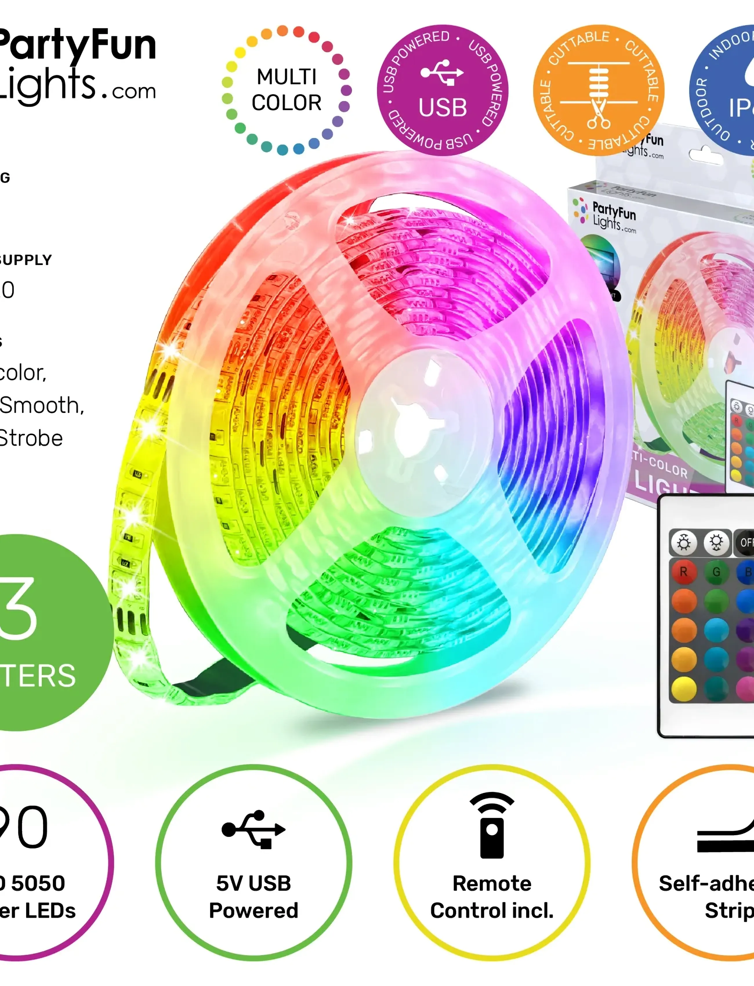 Party Fun Lights Usb Led Light Strip - 3M Including Remote Control, One Size, Multi/patterned, Lamper > Lyskæder, Unisex