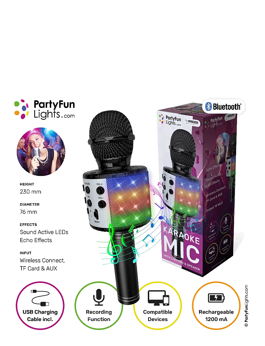 Party Fun Lights - Black Karaoke Mic W/Light & Speaker - musikinstrumenter - black - 1