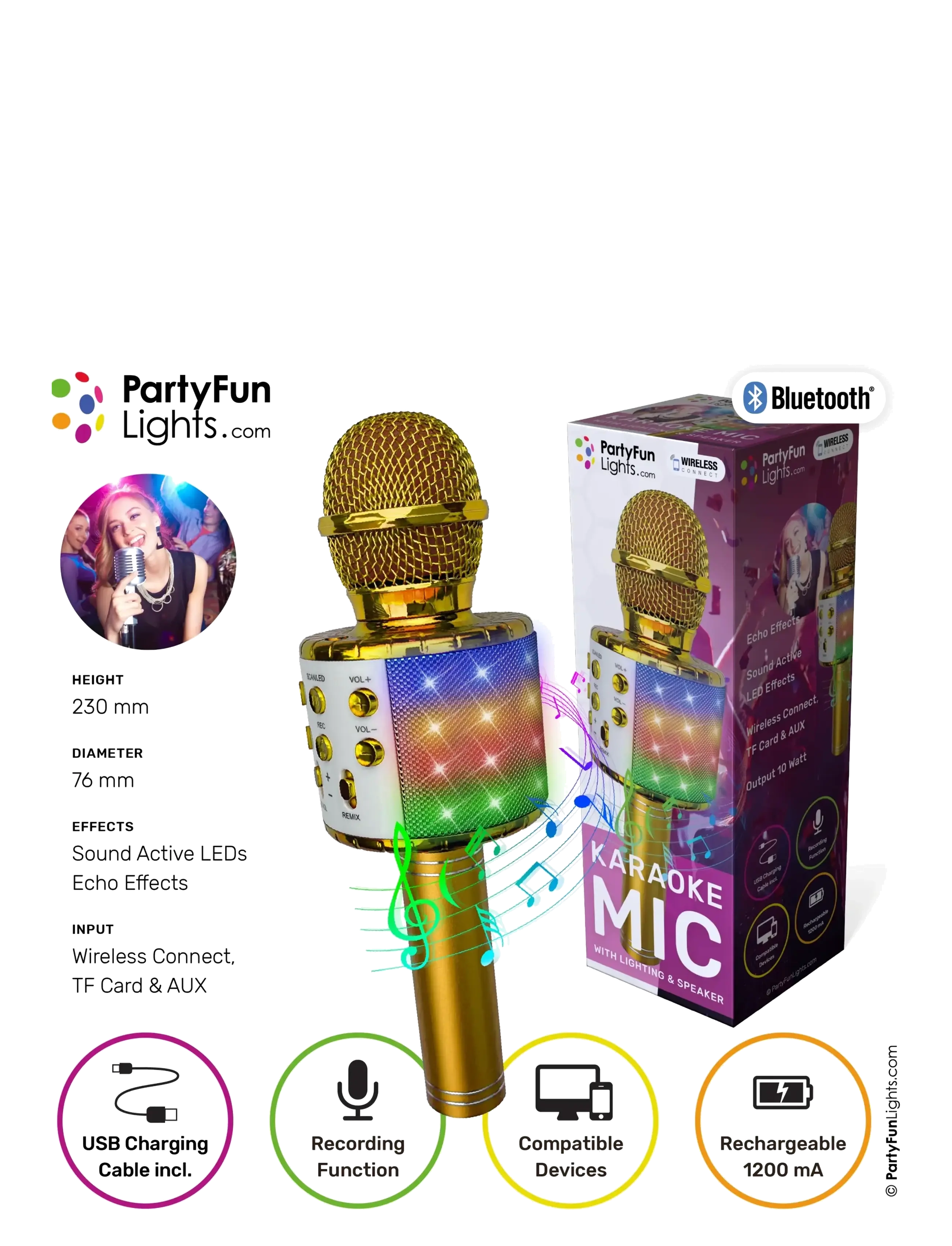 Party Fun Lights - Gold Karaoke Mic W/Light & Speaker - elektronik & media - gold - 3