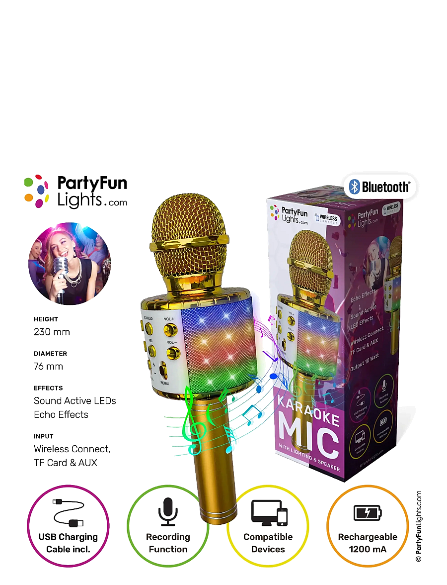 Party Fun Lights - Gold Karaoke Mic W/Light & Speaker - elektroniikka & media - gold - 3