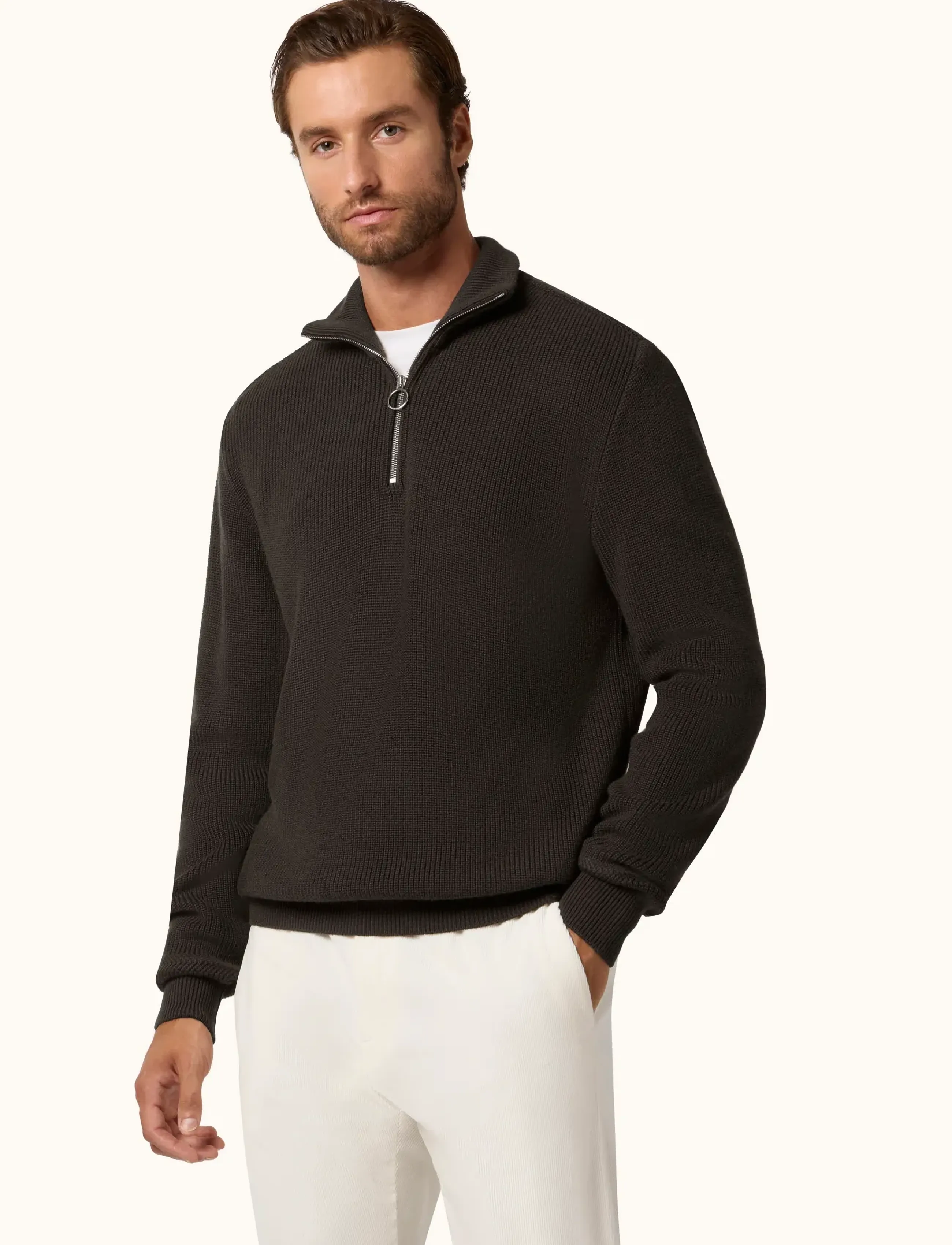 Paul & Shark - MEN'S KNITTED WOOL ZIPPED SWEATER - pullover mit halbem reißverschluss - brown - gold - 4