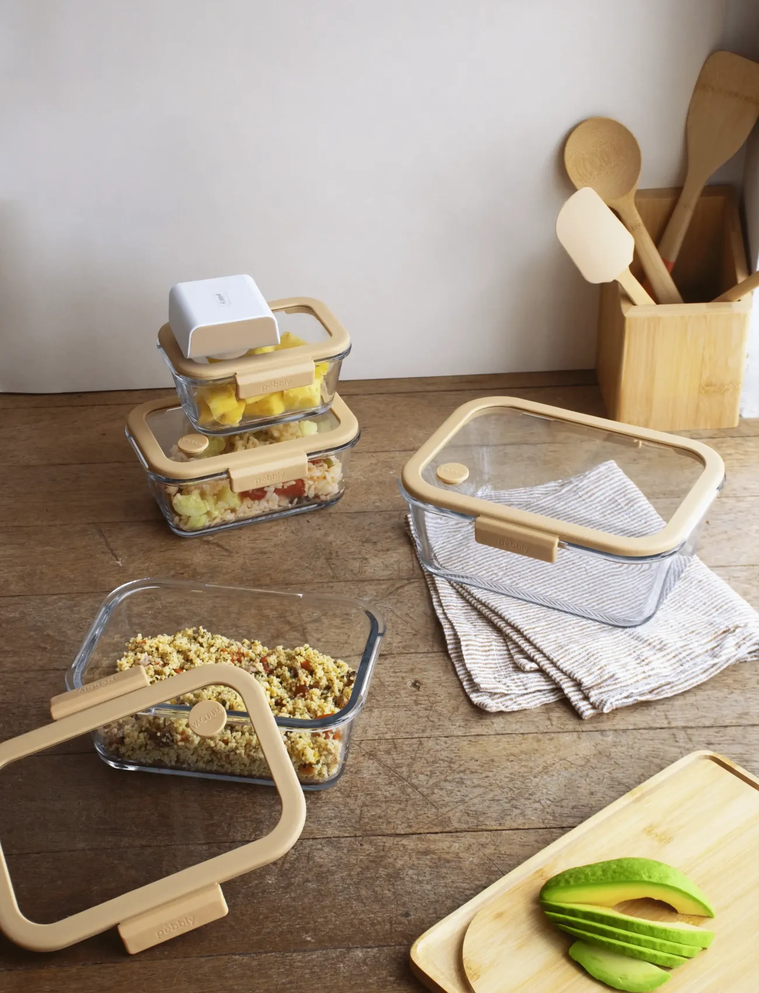 Pebbly 5-Delt Pebbly-Sæt: 4 Rektangulære Krukker Og En Vakuumpumpe, One Size, Kitchen Storage, Nackt - Boxes & Containers, Homeware