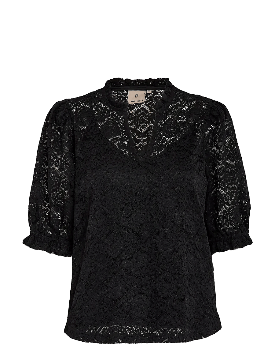Peppercorn - PCKaroline Lace Blouse - kurzärmelige blusen - sort - 1