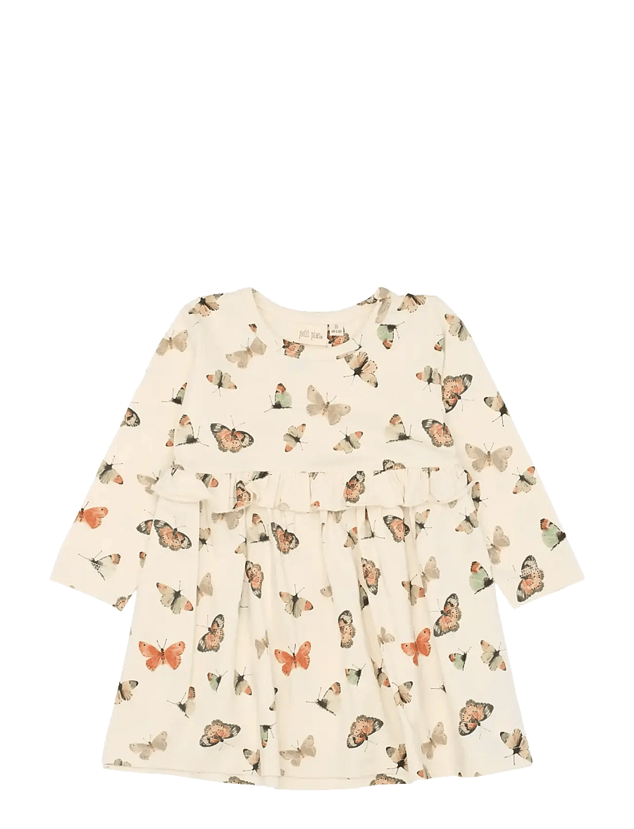 Petit Piao - PPStar L_S Dress - langerma barnakjólar - eggnog butterfly aop - 1