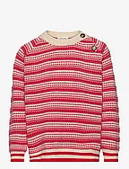 O-Neck Light Nordic Knit Sweater - OFF WHITE/ BRIGHT RED