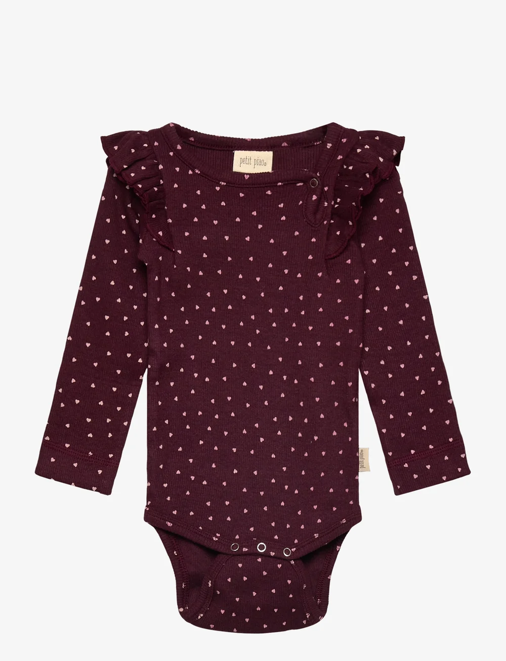 Petit Piao - Body L/S Frill Modal heart - langærmede bodyer - dark grape/white - 0