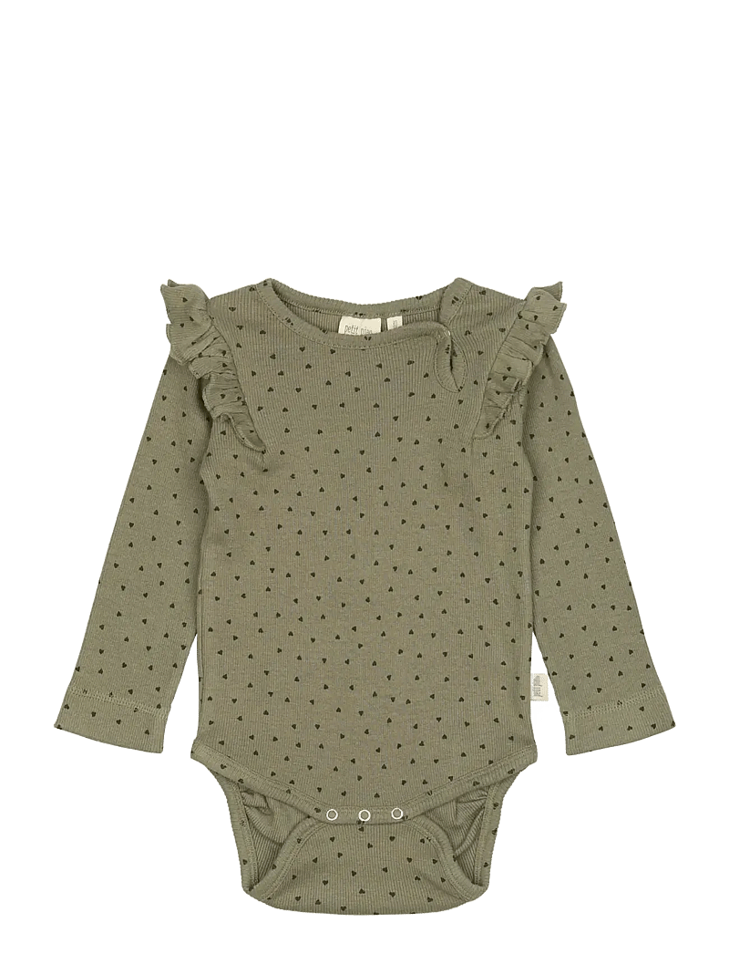 Petit Piao - Body L/S Frill Modal heart - pitkähihaiset bodyt - dusty moss/grape leaf - 0