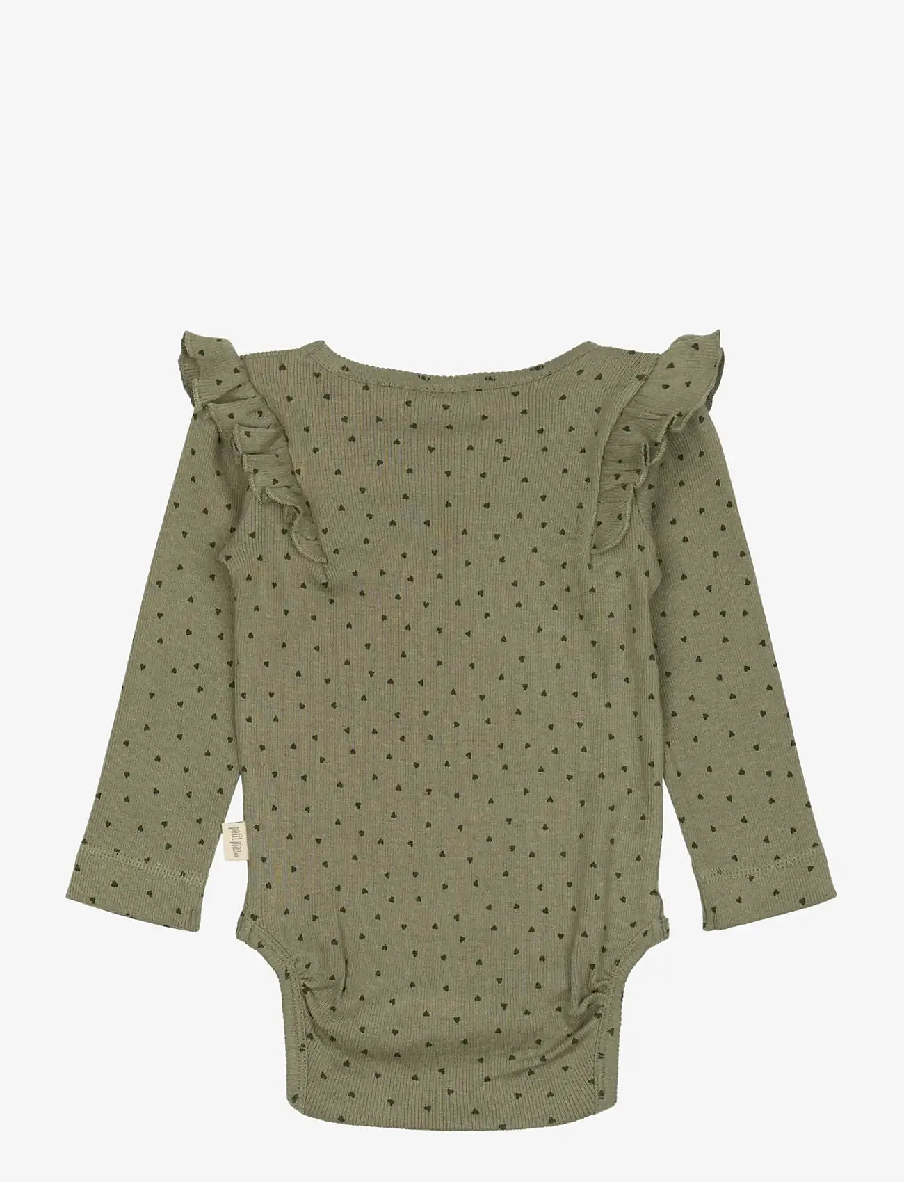 Petit Piao - Body L/S Frill Modal heart - pitkähihaiset bodyt - dusty moss/grape leaf - 1