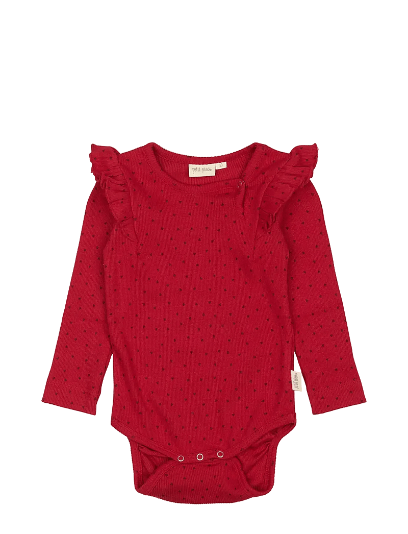 Petit Piao - Body L/S Frill Modal heart - långärmade bodies - jet red/biking red - 0