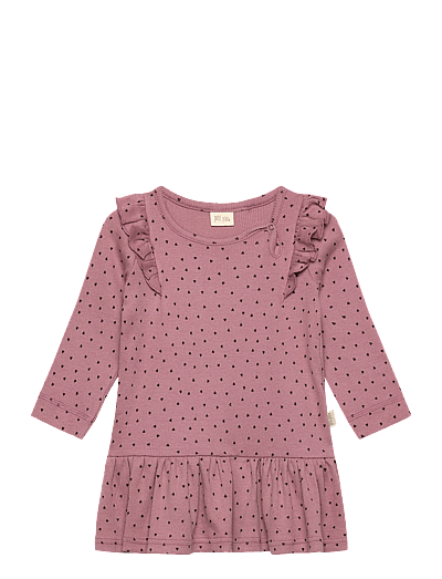 Petit Piao Dress L/S Frill Modal heart - Klänningar & Kjolar - NOSTALGIC ROSE/COFFEE BEAN / pink/rose
