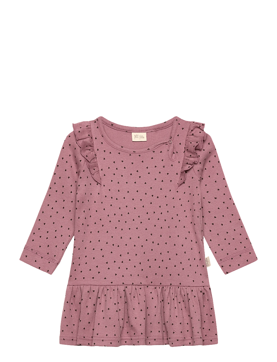 Petit Piao - Dress L/S Frill Modal heart - robes pour bébés à manches longues - nostalgic rose/coffee bean - 0