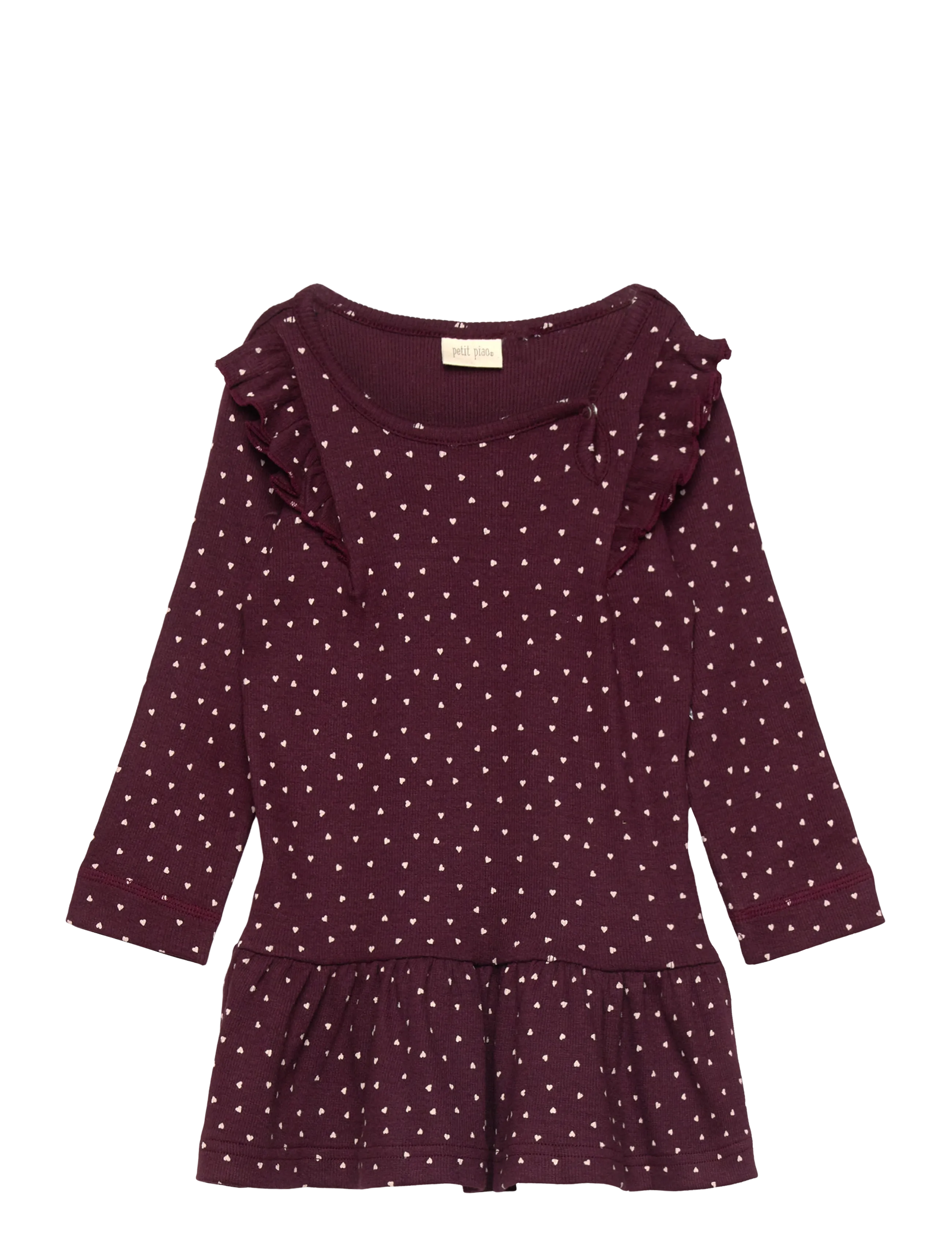 Petit Piao Dress L/S Frill Modal heart - Kläder - DARK GRAPE/WHITE / burgundy