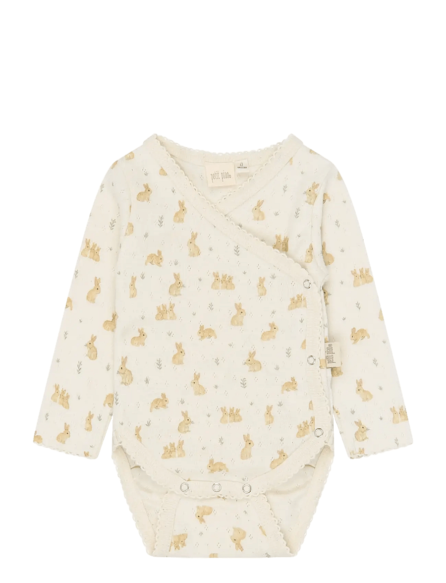 Petit Piao - PPDio L_S Body Fold Pointelle NB - långärmade bodies - eggnog rabbit aop - 0