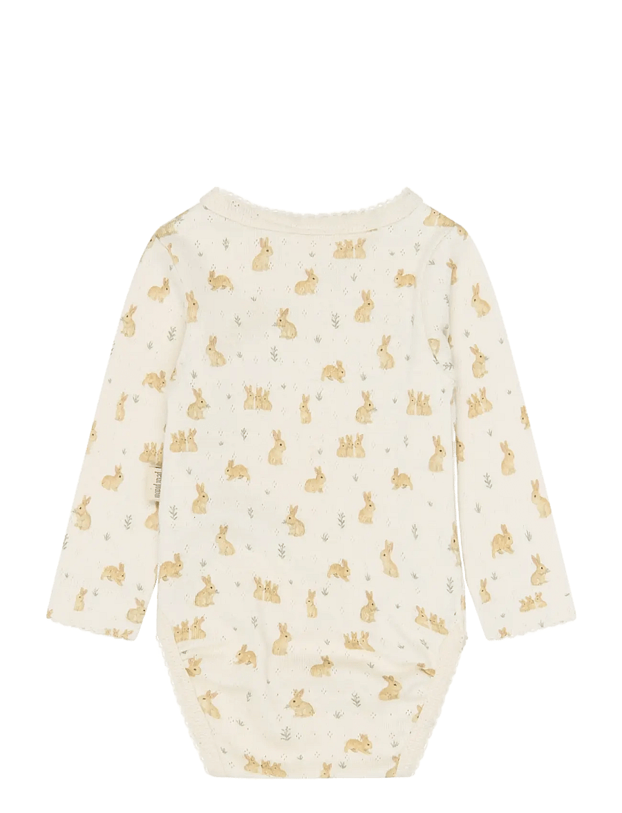 Petit Piao - PPDio L_S Body Fold Pointelle NB - långärmade bodies - eggnog rabbit aop - 1