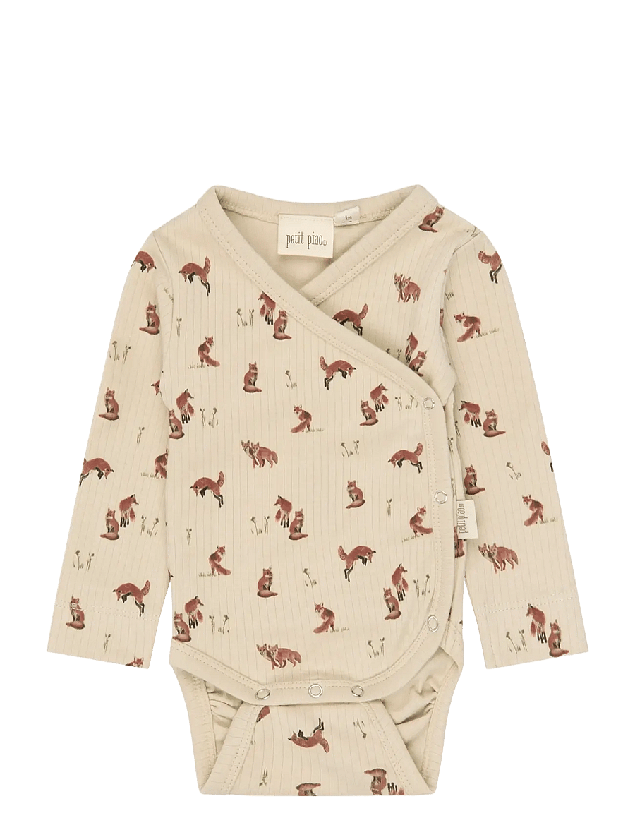 Petit Piao - PPDinn L_S Body Fold Pointelle NB - långärmade bodies - cement fox aop - 0