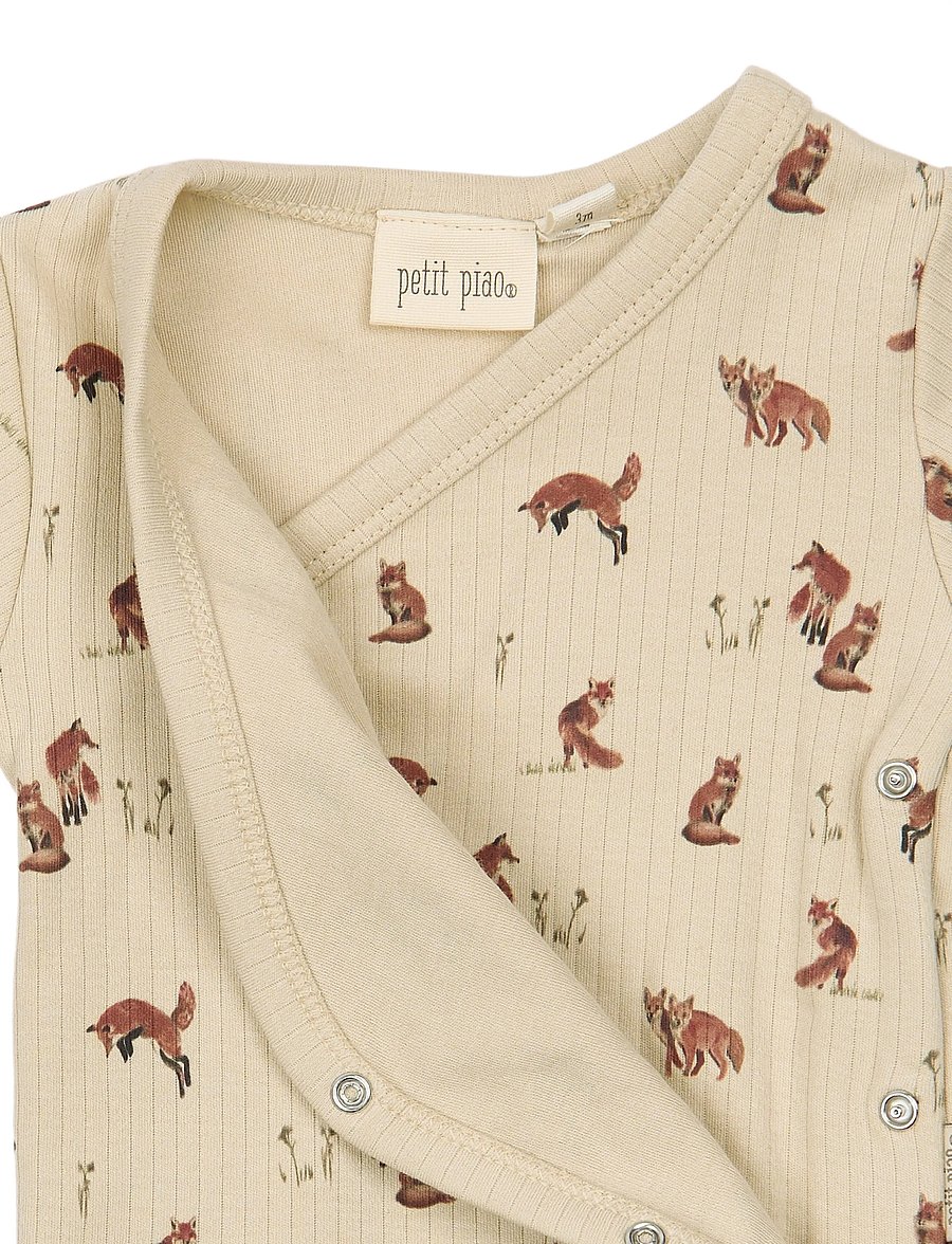 Petit Piao - PPDinn L_S Body Fold Pointelle NB - långärmade bodies - cement fox aop - 2