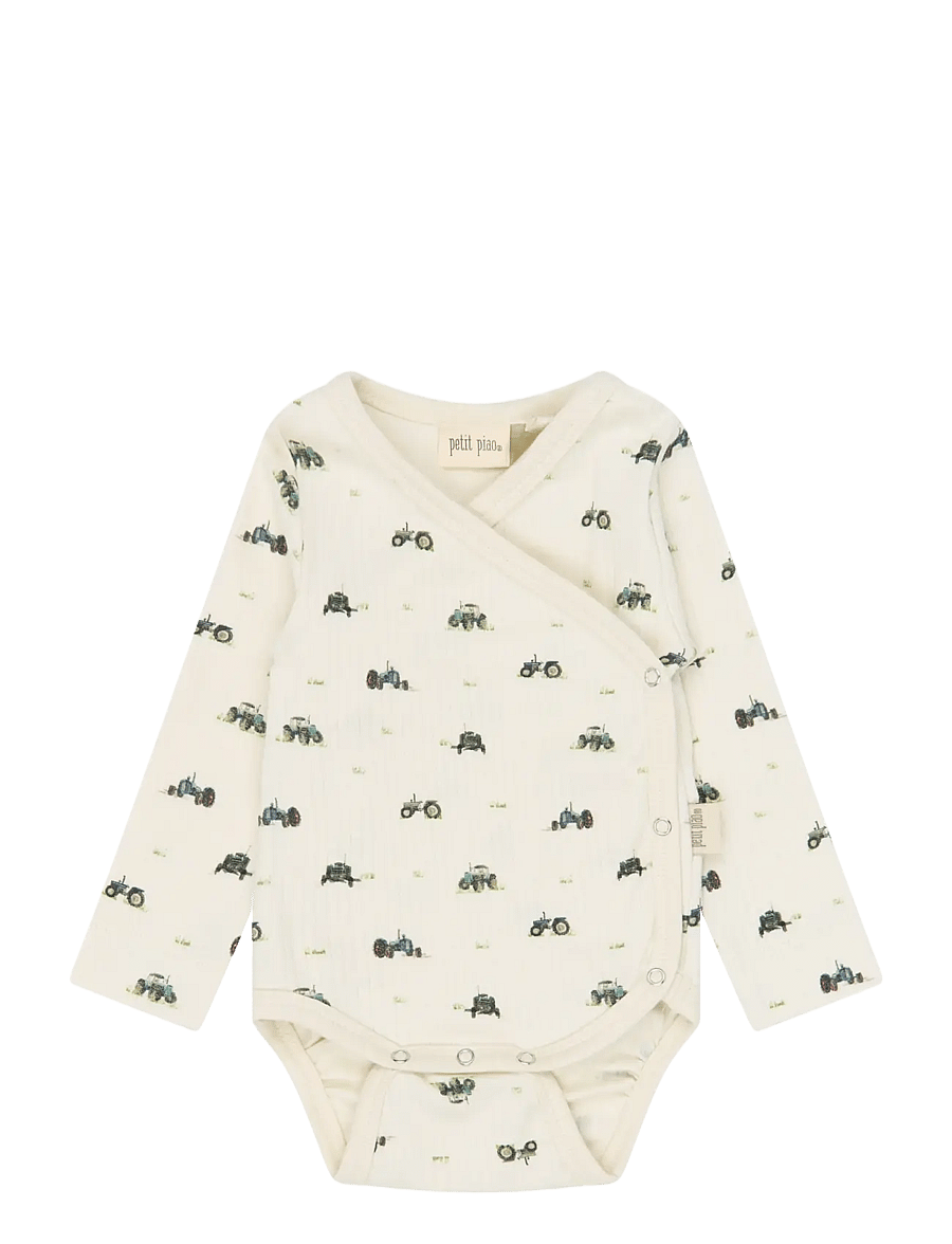 Petit Piao - PPDinn L_S Body Fold Pointelle NB - pikkade varrukatega bodid - eggnog tractor aop - 0