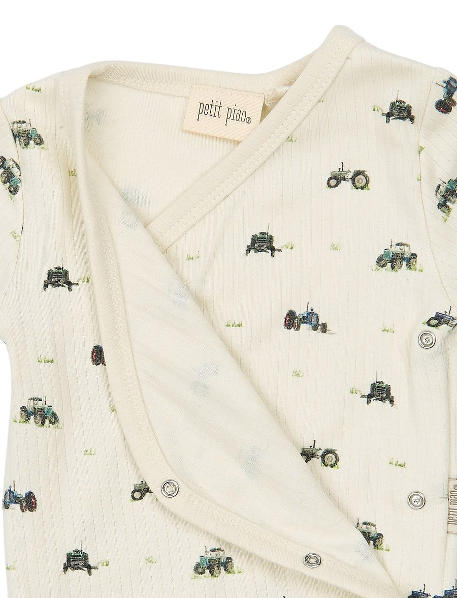 Petit Piao - PPDinn L_S Body Fold Pointelle NB - pikkade varrukatega bodid - eggnog tractor aop - 2