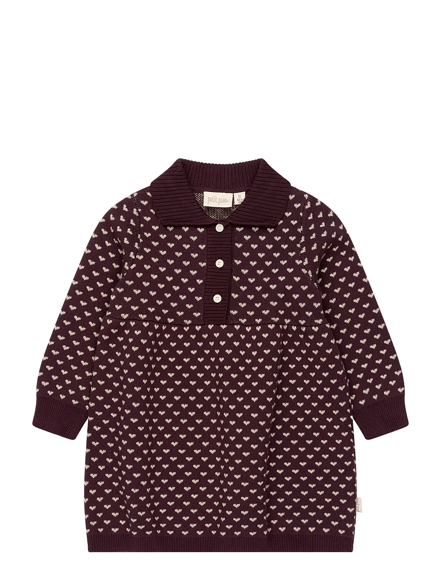 Petit Piao - PPGedel Heart Knit L_S Dress - langärmelige babykleider - huckleberry heart aop - 0