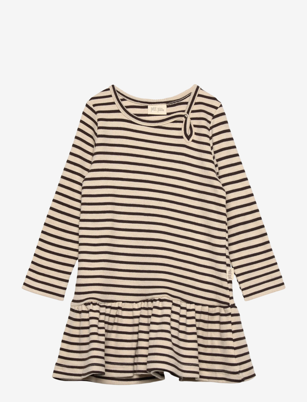 Petit Piao - Dress L/S Modal Striped - long-sleeved baby dresses - coffee bean/off white - 0