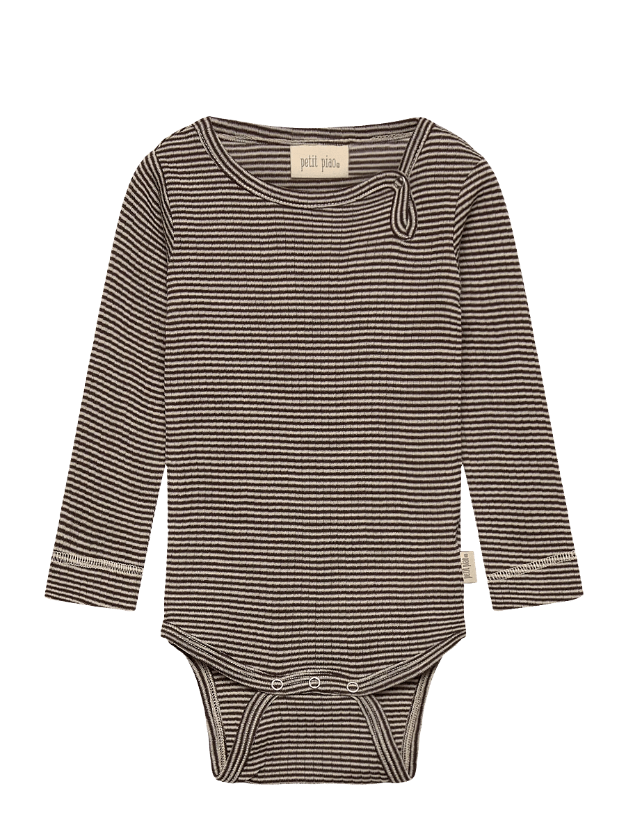 Petit Piao - PPDante Body L/S Merino Wool Striped - funkionsunterwäsche - baby - coffee bean/dark off white - 0