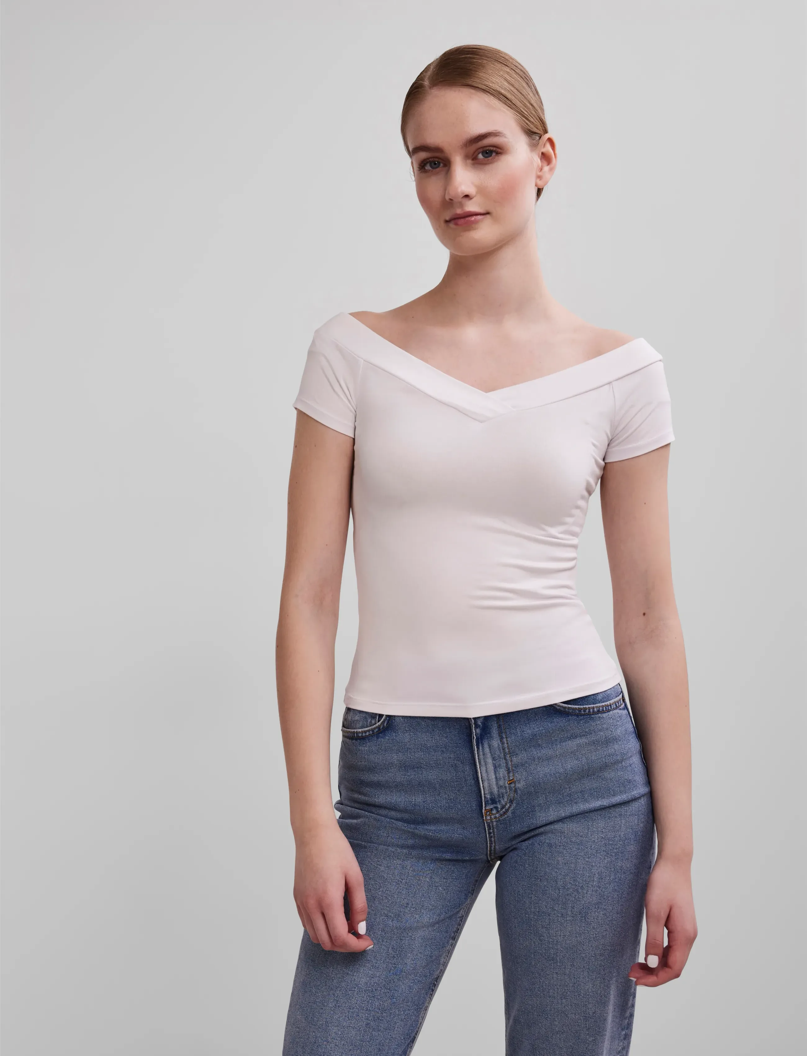 Pieces PCMALIVA SS OFF SHOULDER V-NECK TOP NOOS - Pieces - BRIGHT WHITE / cream