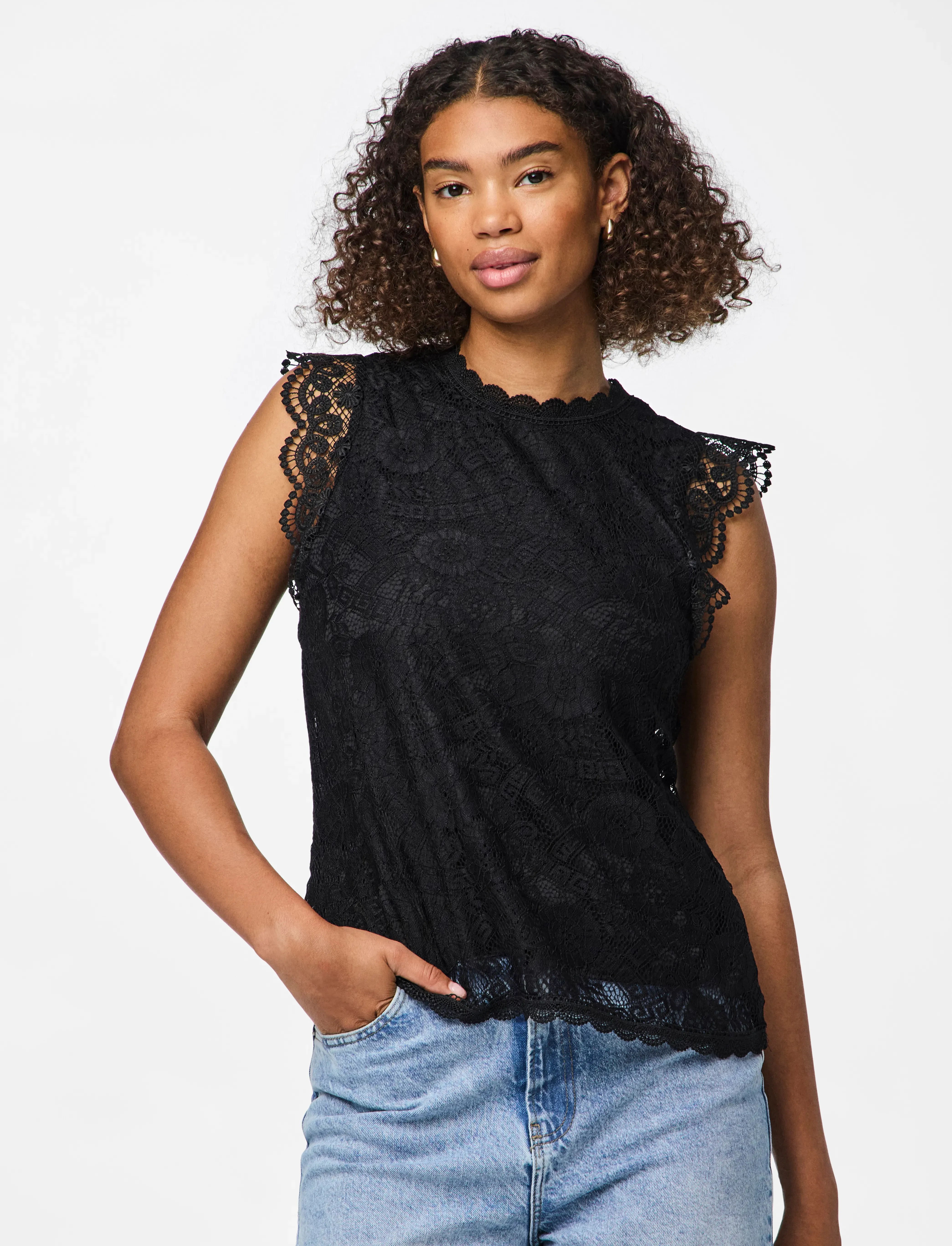 Pieces Pcolline Sl Lace Top Wvn Noos, L, T-shirts & Oberteile, Schwarz - Sleeveless, Frauen