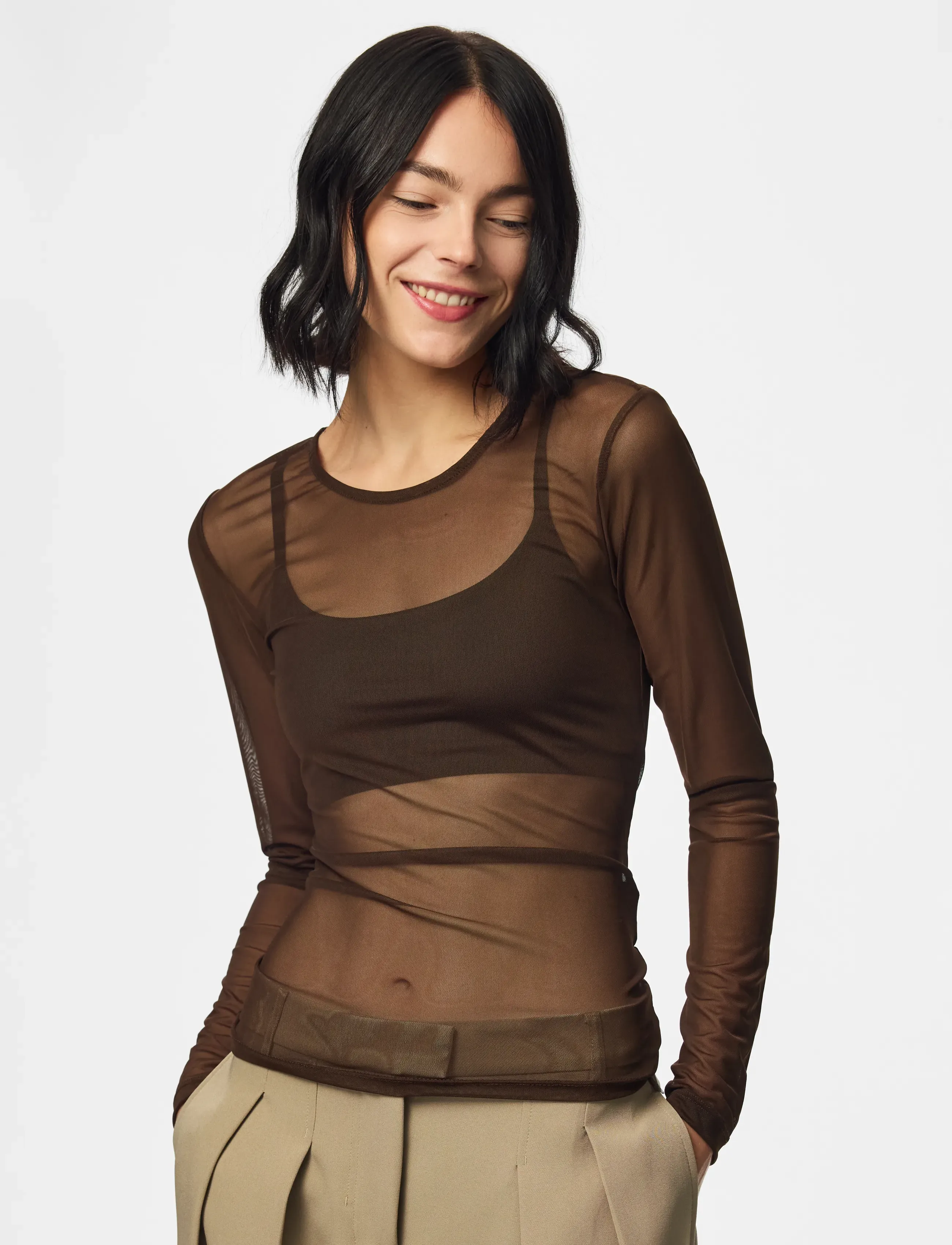 Pieces PCNINNI LS MESH TOP JRS NOOS BC - Långärmade toppar - HOT FUDGE / brown