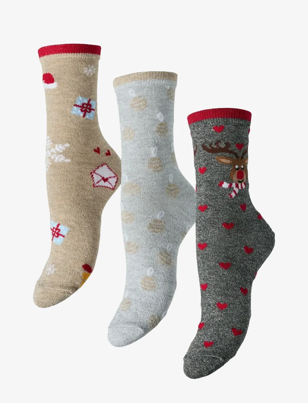 Pieces - PCJINGLE XMAS GLITTER SOCKS 3-PACK BC - vanliga strumpor - light grey melange - 0