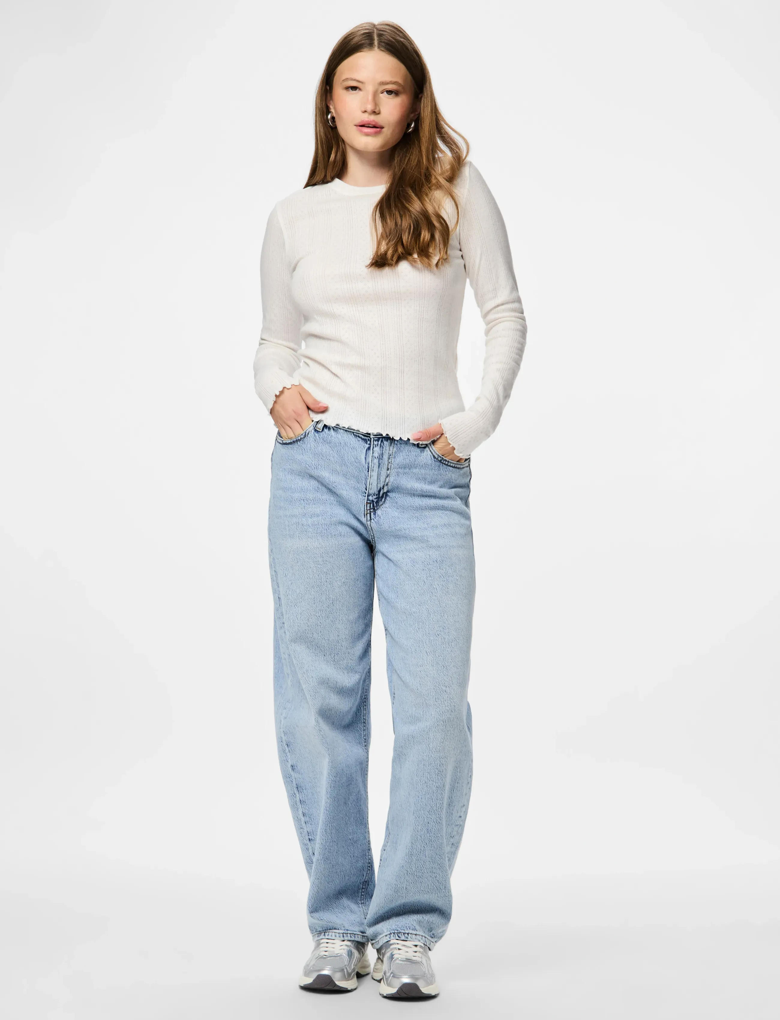 Pieces PCMARIE LS O-NECK POIN TOP JRS NOOS BC - T-shirts & Toppar - CLOUD DANCER / white