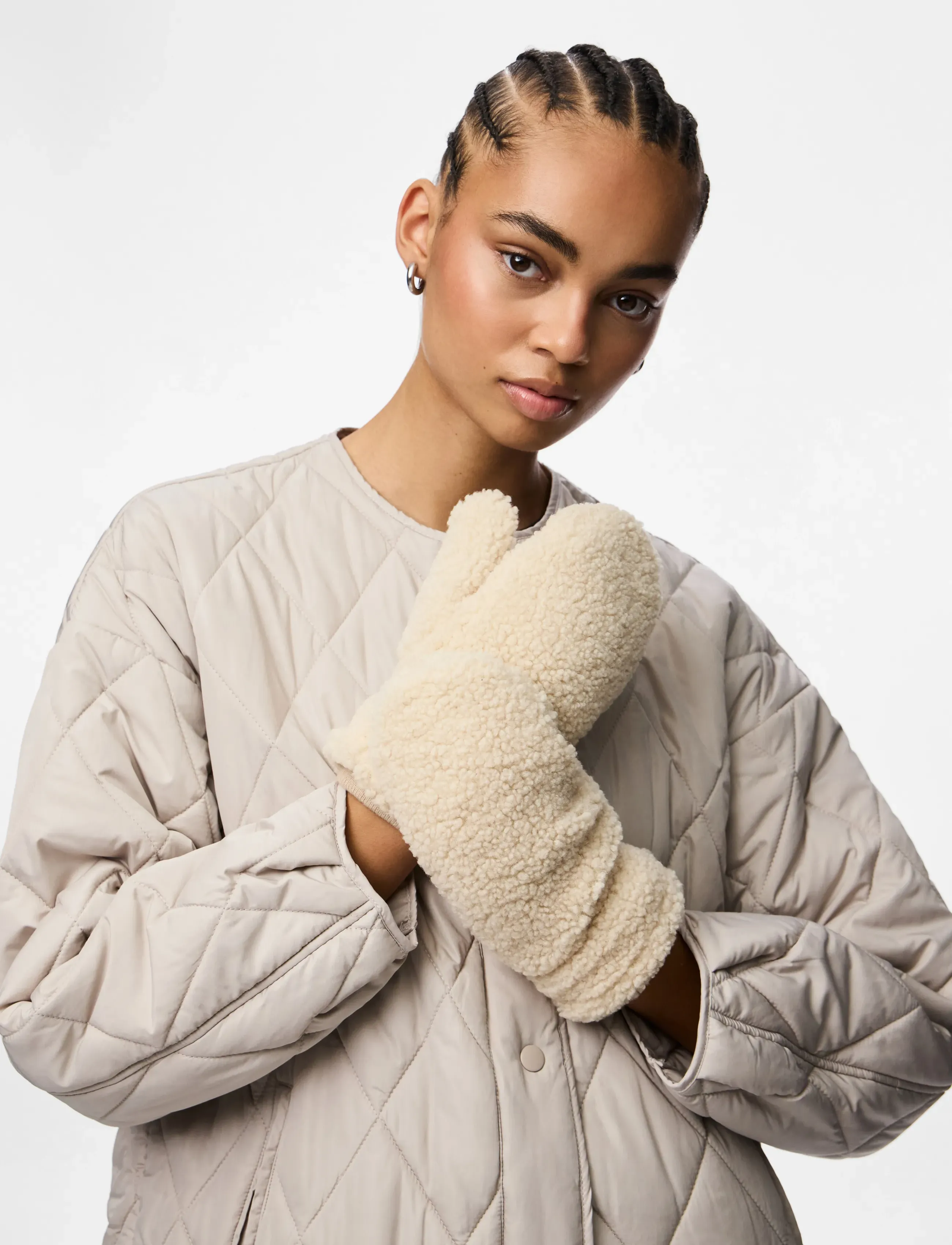 Pieces Pcnetty Teddy Mittens Bc, L, Gloves, Weiß - Thumb Frauen