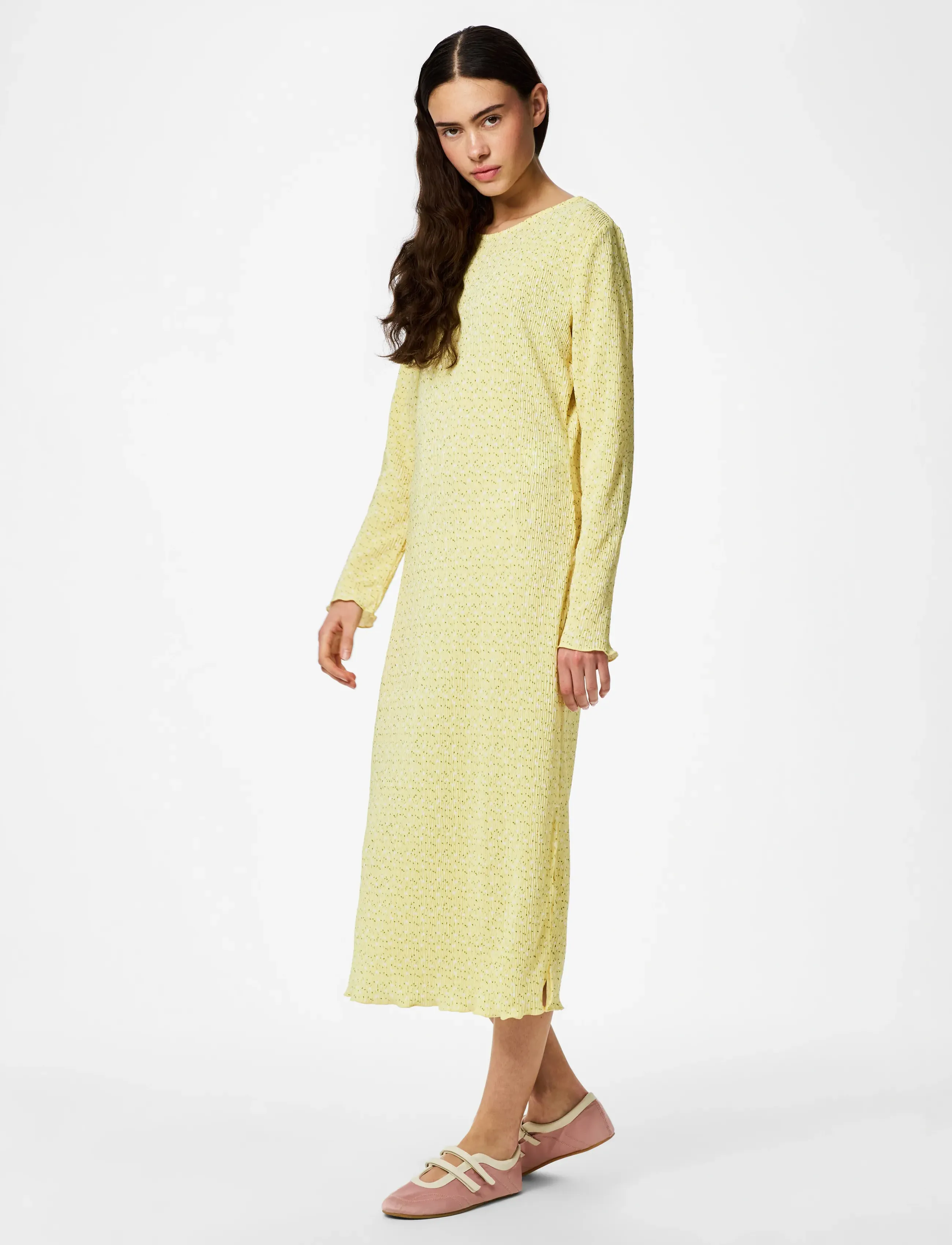 Pieces Pcflora Ls Midi Dress Jrs Noos Bc, M, Yellow, Kjoler > Knælange Og Midi, Dame