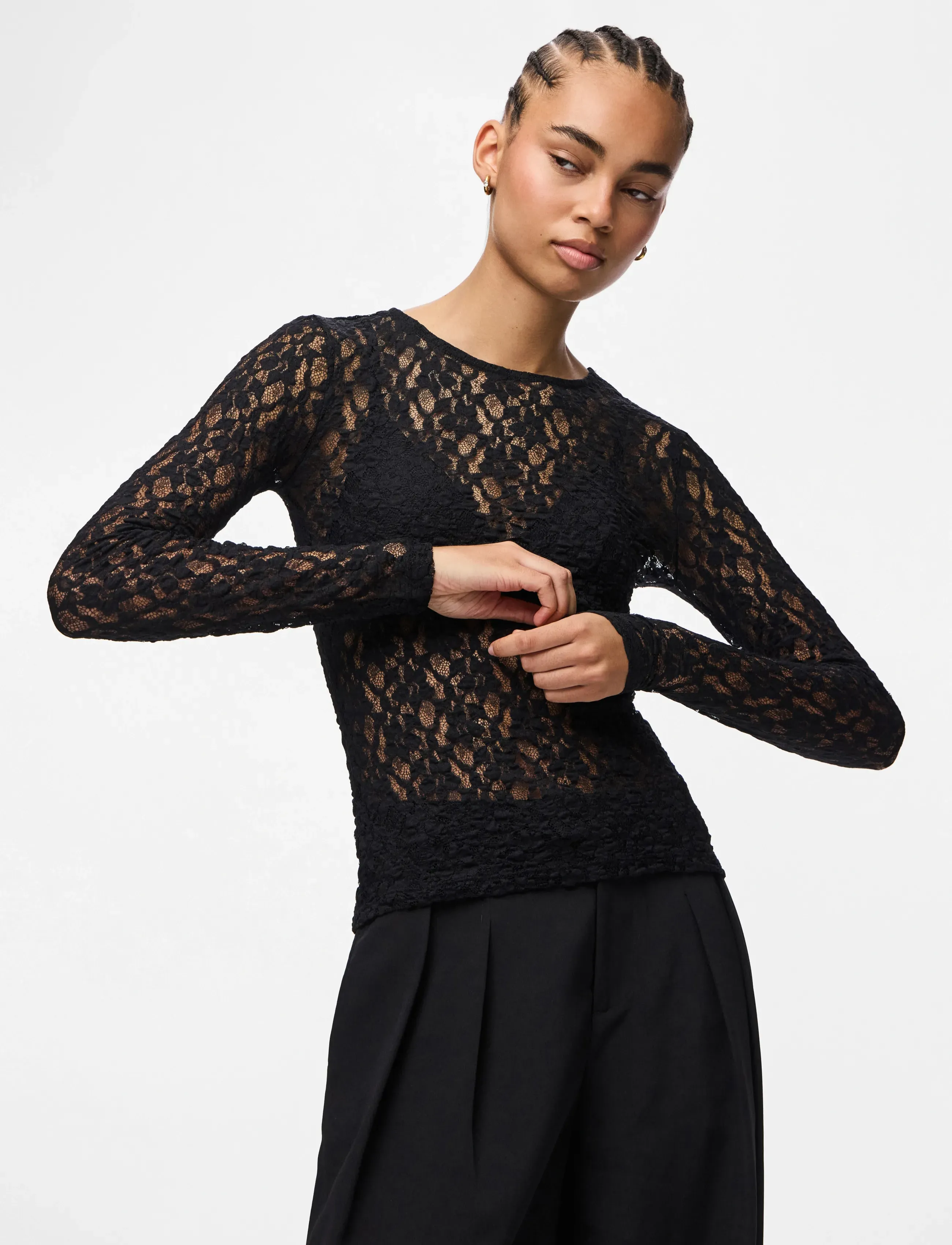 Pieces PCHAZEL LS LACE TOP JRS NOOS BC - T-shirts & Tops - BLACK / black