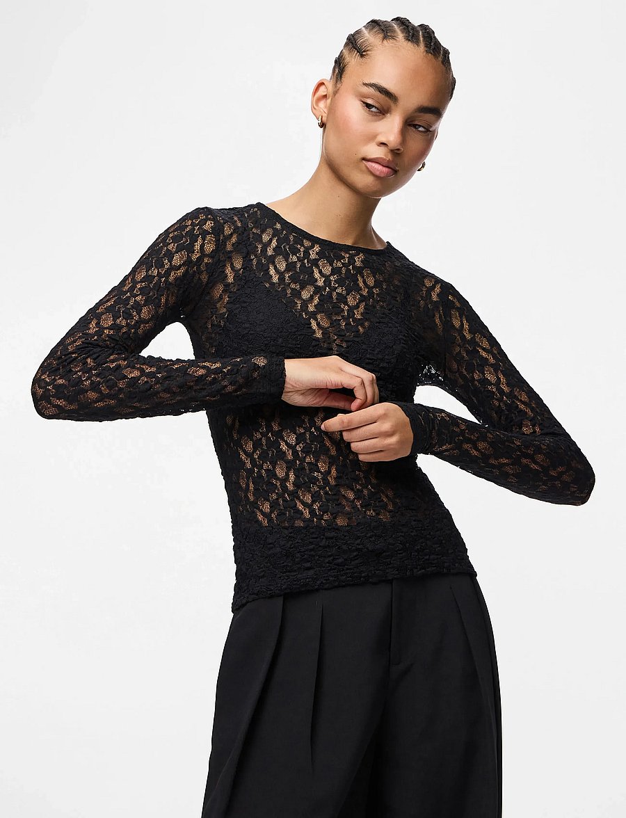Pieces - PCHAZEL LS LACE TOP JRS NOOS BC - langärmlige tops - black - 0