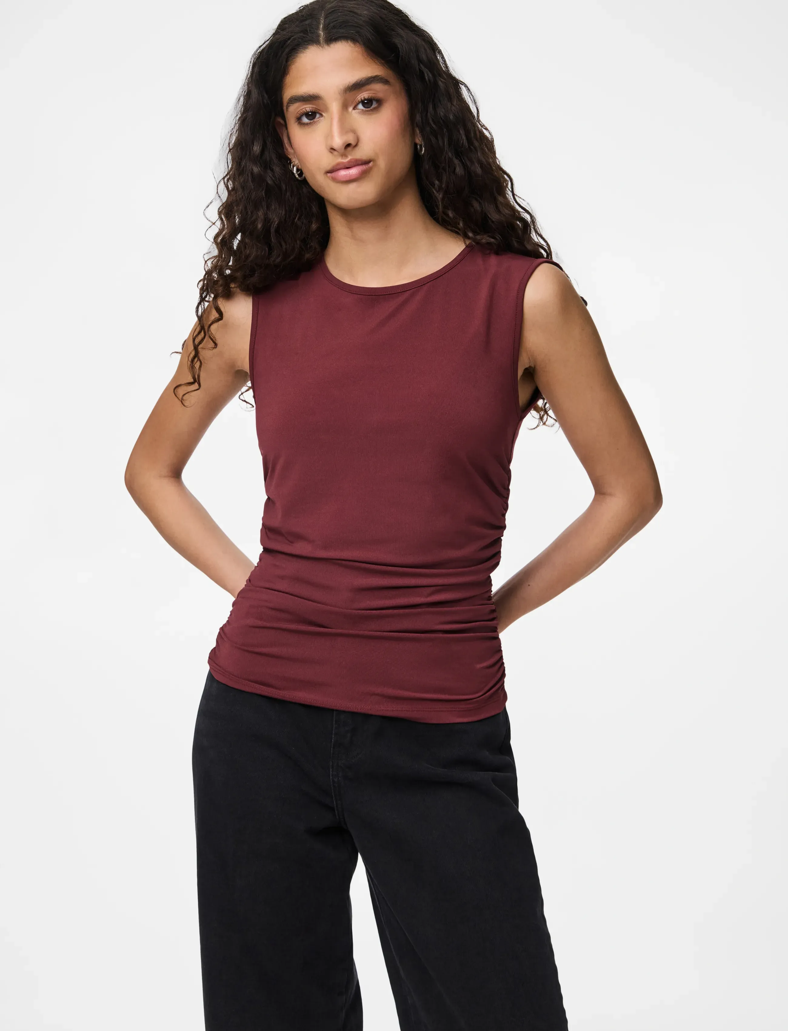 Pieces Pcmadison Sl Ruching Top Jrs Noos Bc, Kvinder, Rynket Ærmeløs Top, Bordeaux, Str: XL