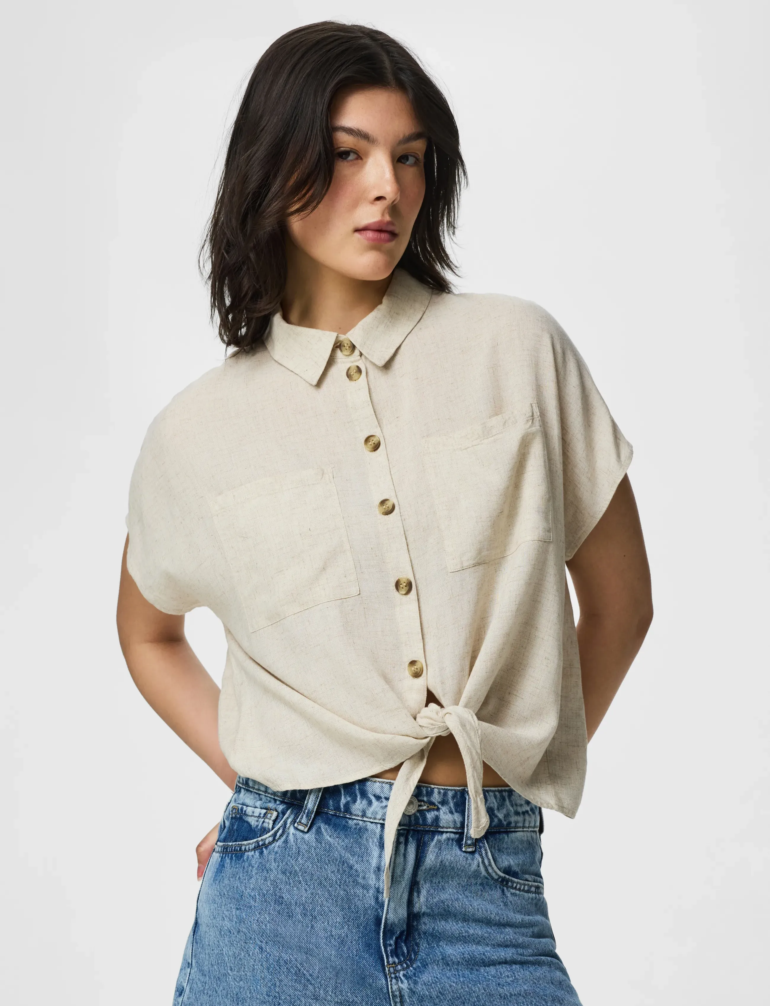 Pieces PCPIA LINEN BLEND  SS TIE SHIRT WVN NOOS - Blouses & Shirts - BIRCH / beige