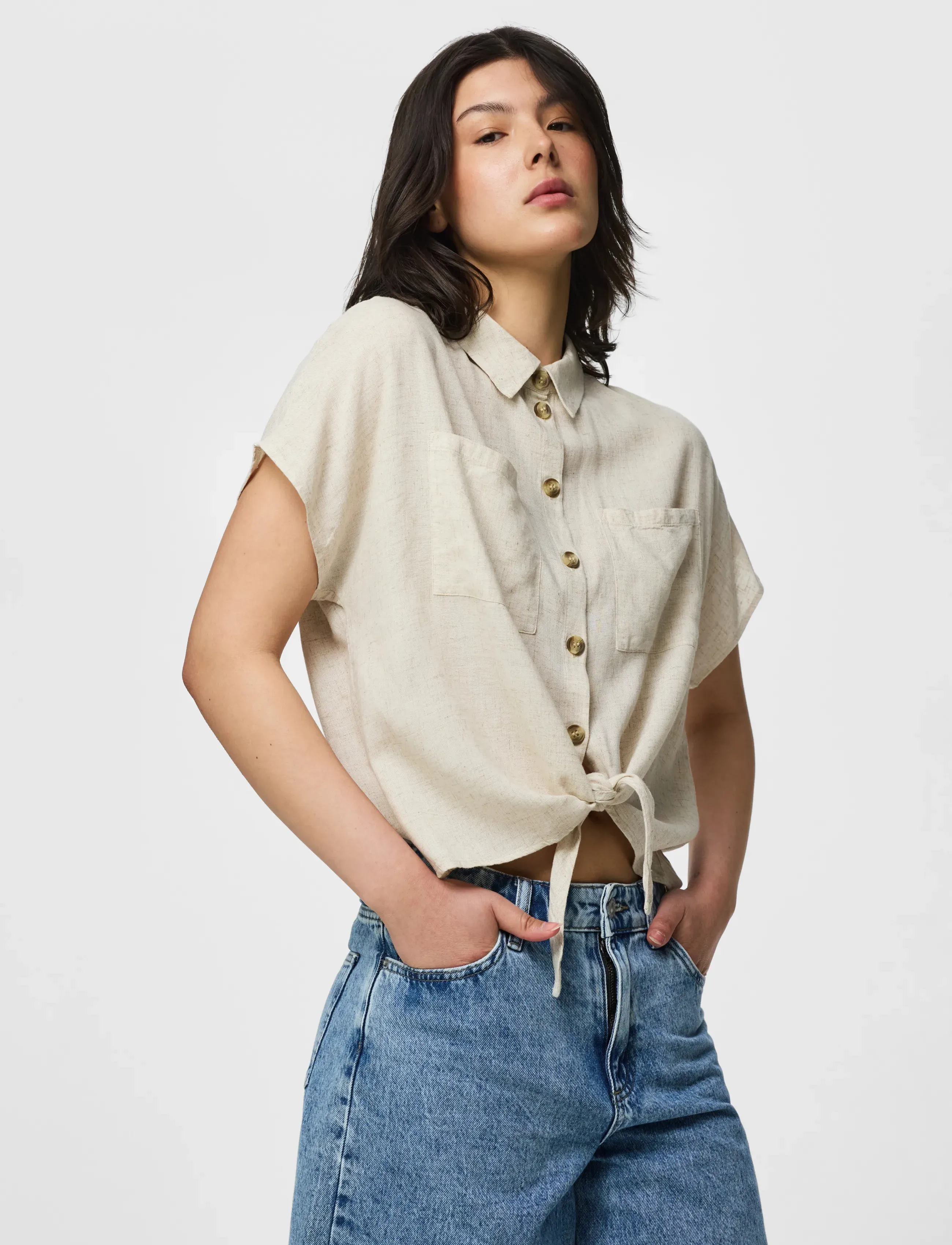 PIECES Pcpia Linen Blend Ss Tie Shirt Wvn Noos skjortor dam – bild 7