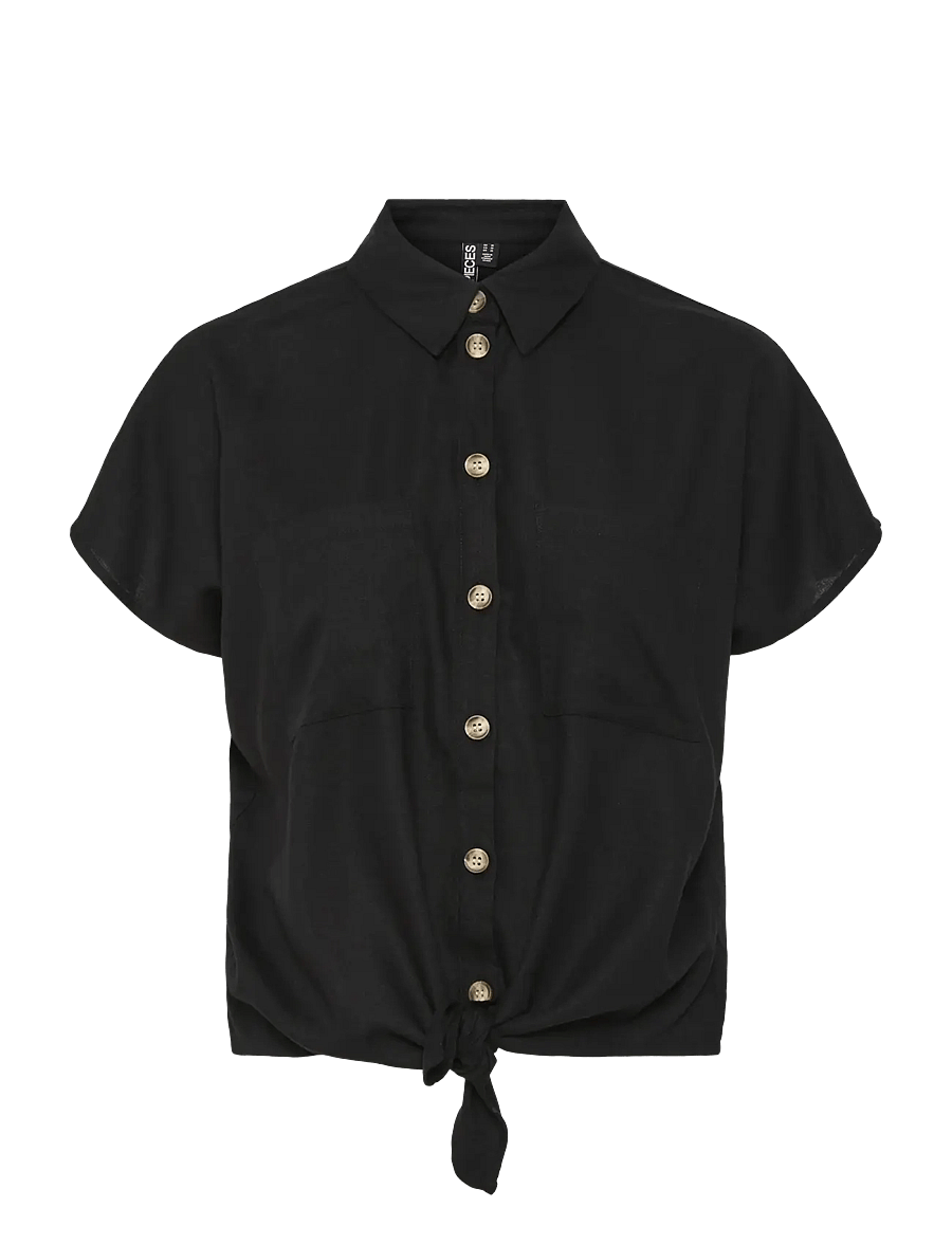 Pieces - PCPIA LINEN BLEND SS TIE SHIRT WVN NOOS - hørskjorter - black - 1
