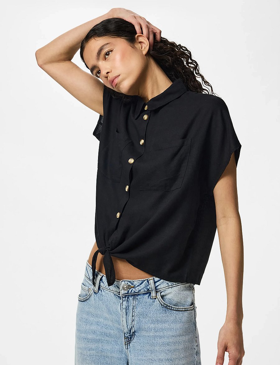 Pieces - PCPIA LINEN BLEND SS TIE SHIRT WVN NOOS - hørskjorter - black - 0