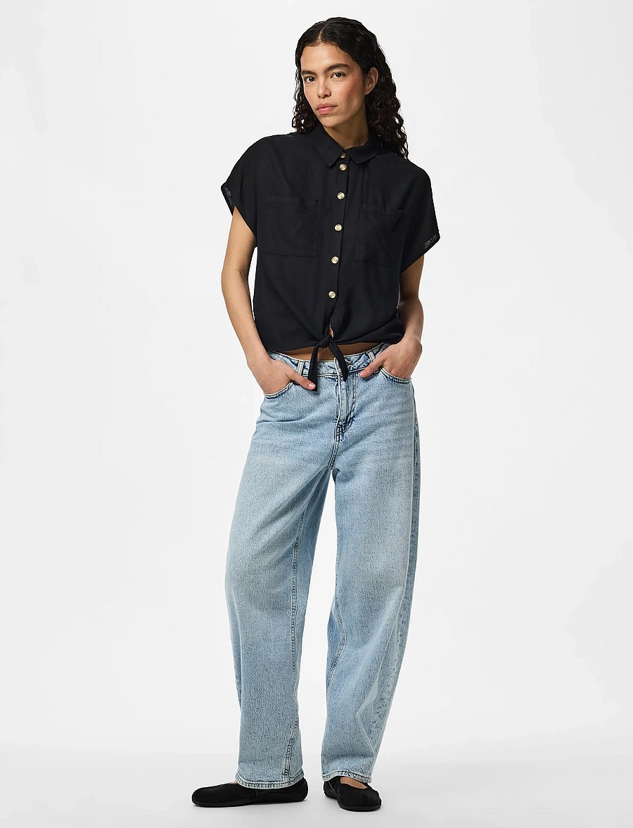 Pieces - PCPIA LINEN BLEND SS TIE SHIRT WVN NOOS - hørskjorter - black - 4