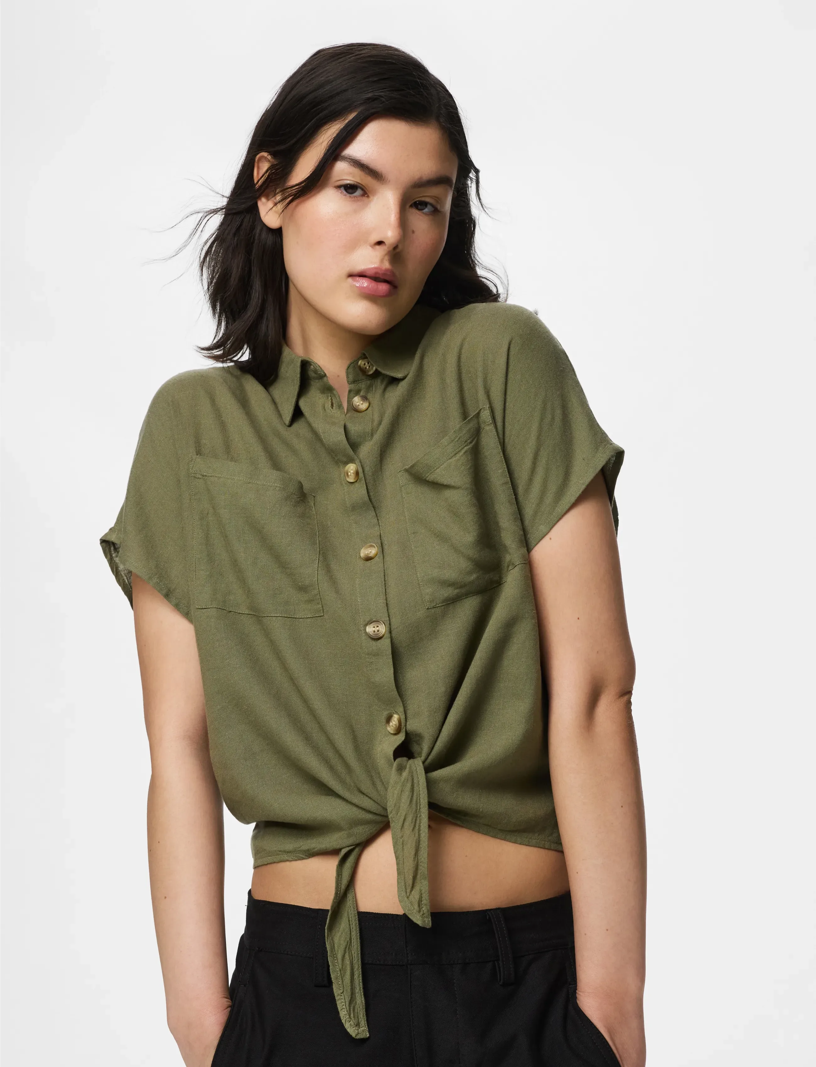 Pieces PCPIA LINEN BLEND  SS TIE SHIRT WVN NOOS - Blouses & Shirts - DEEP LICHEN GREEN / green