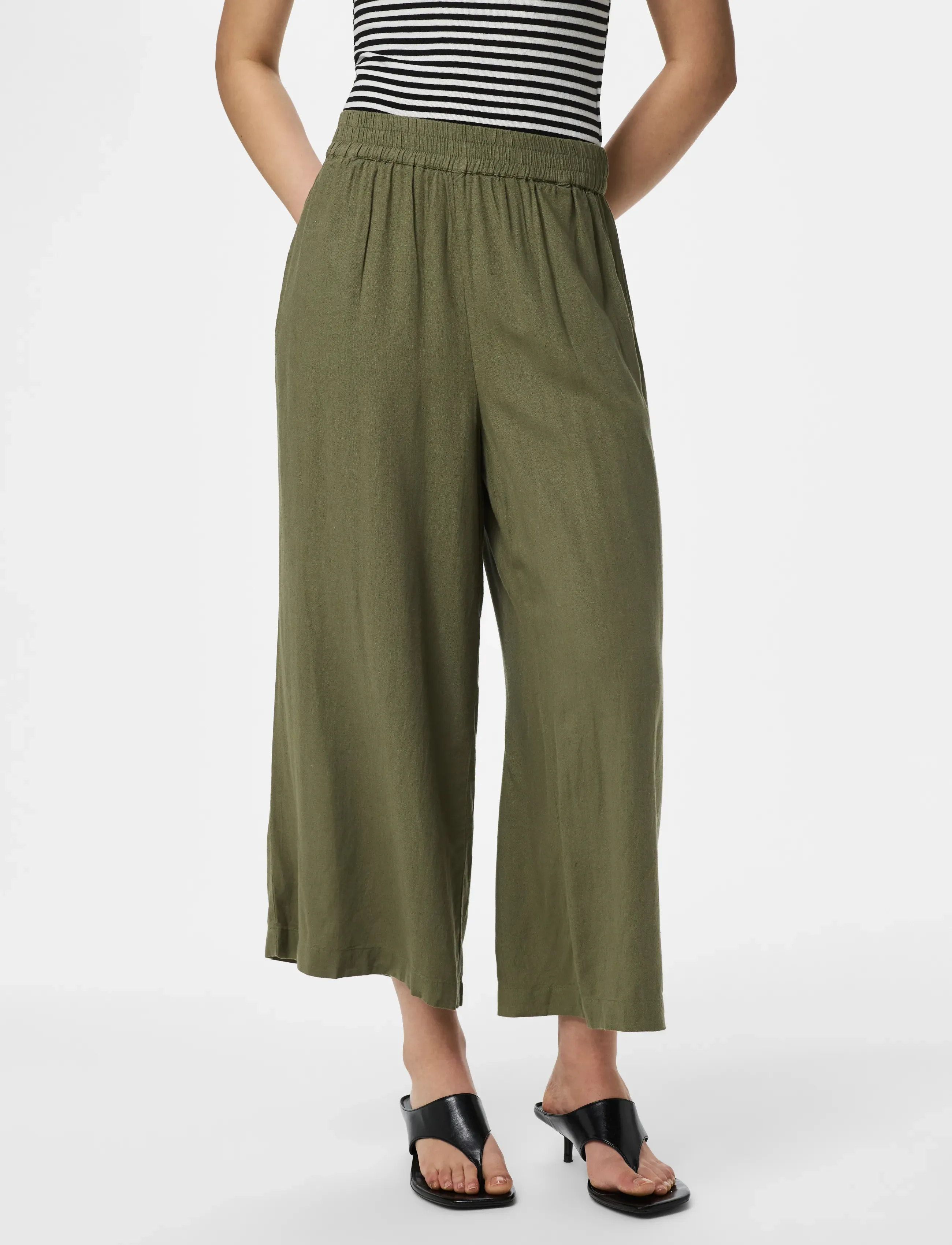 Pieces Pcpia Linen Blend Hw Culotte Wvn Noos, L, Trousers, Grün - Culottes, Frauen